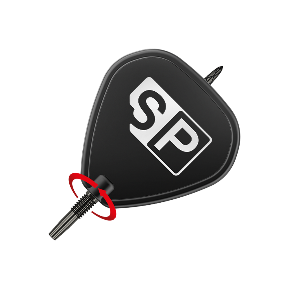Groty do lotek Target Swiss DS Surge Point - czarne Das Bild zeigt eine schwarze Dartspitze mit der Aufschrift „SP“. Ein roter Pfeil deutet auf das Gewinde hin und zeigt, dass die Spitze eingeschraubt werden kann.