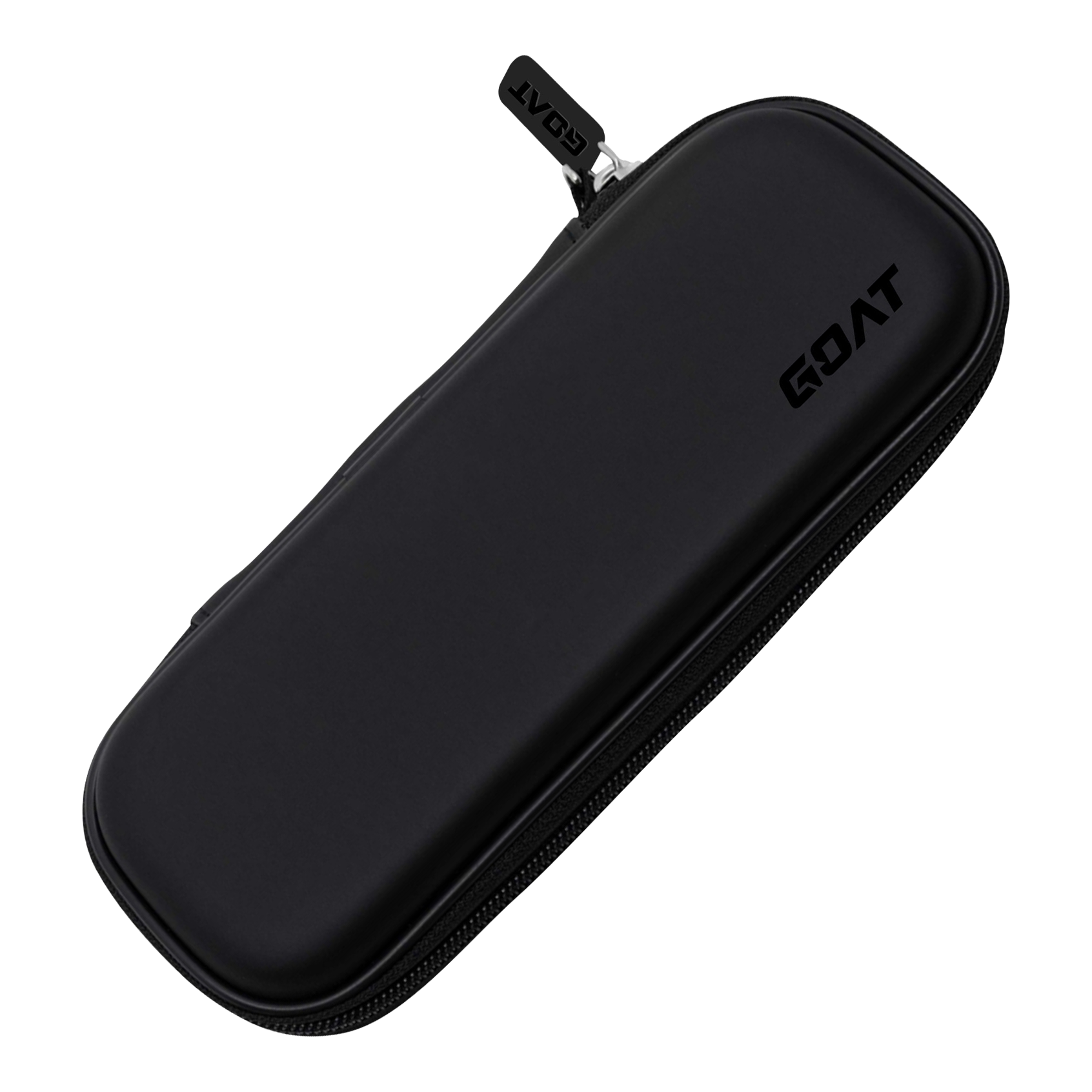 Das Bild zeigt ein schwarzes Etui mit Reißverschluss. Auf der Oberfläche steht das Wort "GOAT".
