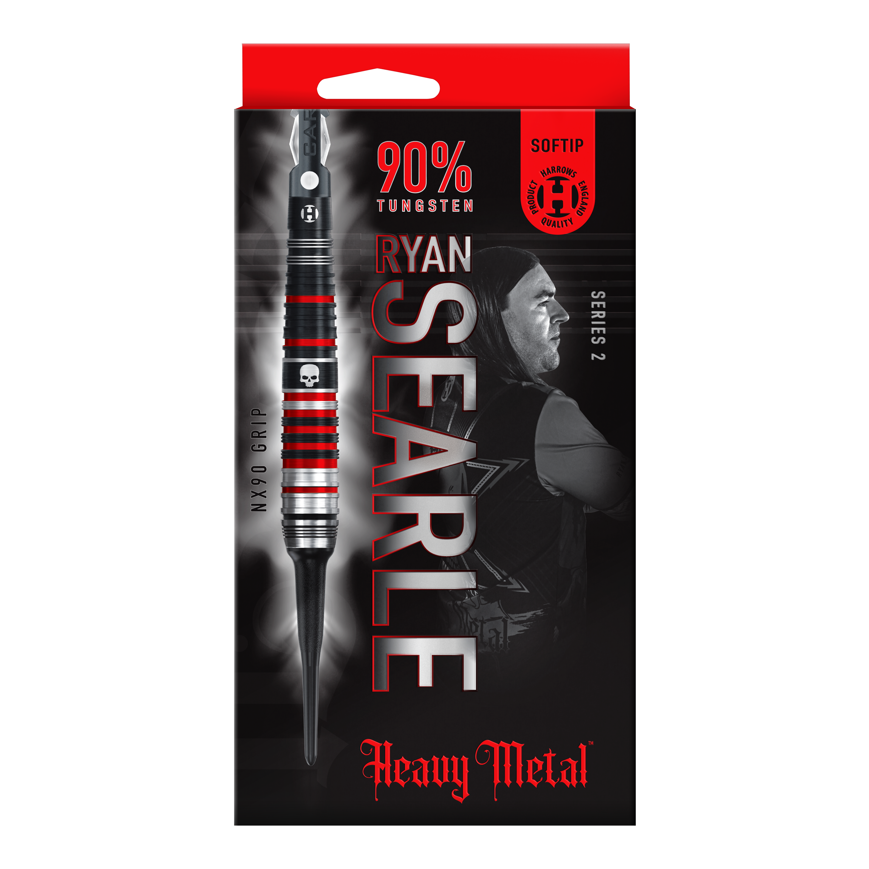 Harrow's Ryan Searle Heavy Metal Series 2 miękkie lotki Auf dem Bild ist die Verpackung der "Harrows Ryan Searle Heavy Metal Series 2 Softdarts" zu sehen. Die Packung ist überwiegend schwarz mit roten Akzenten und zeigt einen Dartpfeil sowie das Bild eines Spielers.