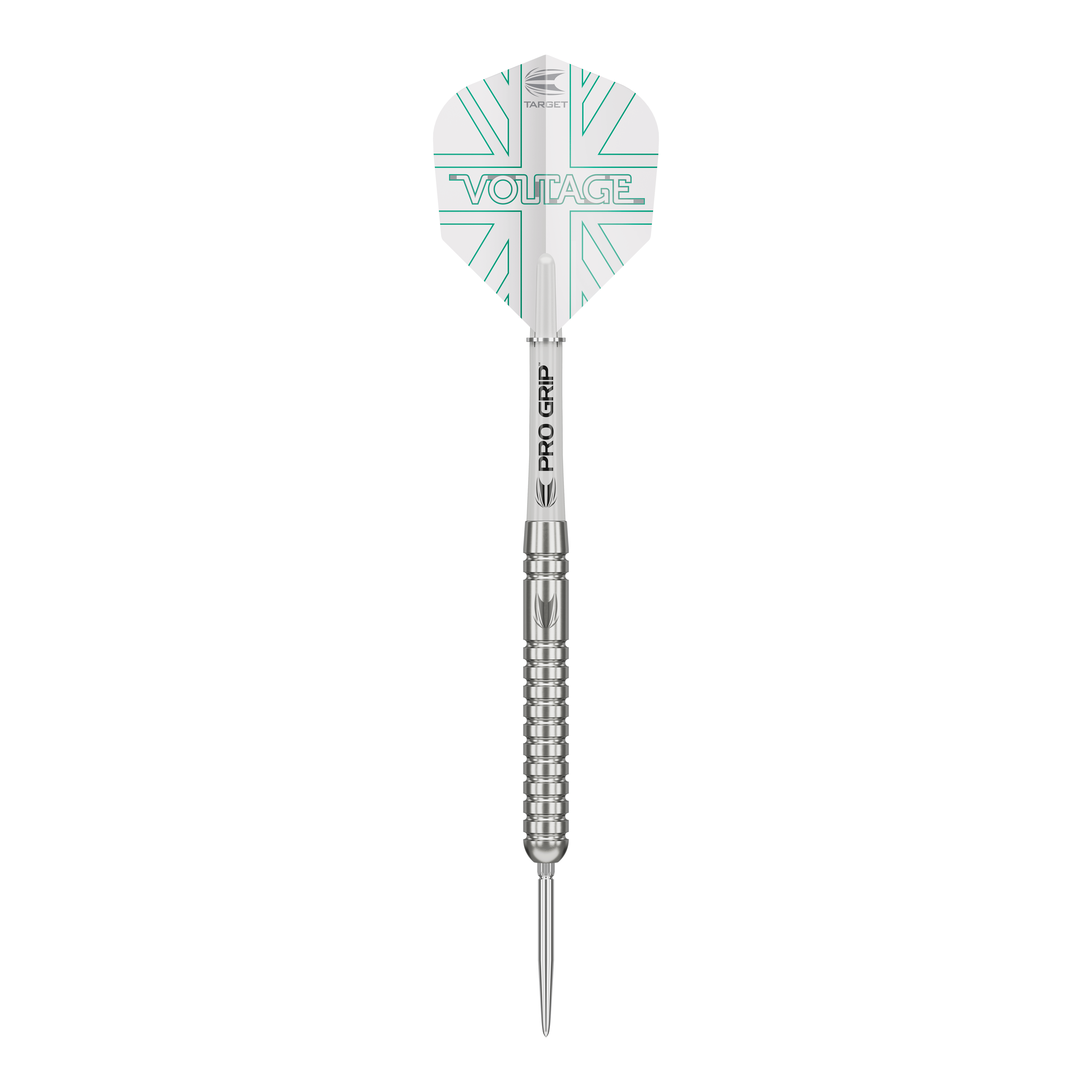 Lotki stalowe Target Rob Cross Voltage Swiss Point Das Bild zeigt einen Target Rob Cross Voltage Swiss Point Steeldart. Der Dart hat ein silbernes Design mit dem Schriftzug „VOLTAGE“ auf den Flights.