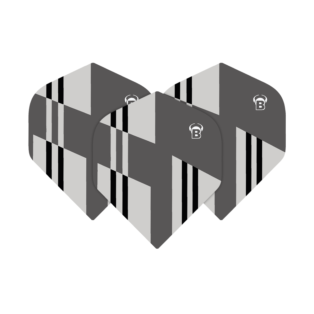 Bulls B-Star Tac No2 Standard Flights Das Bild zeigt drei Dart-Flights des Produkts „Bulls B-Star Tac No2 Standard Flights“. Die Flights sind in Grau-, Schwarz- und Weißtönen mit geometrischem Muster gestaltet.