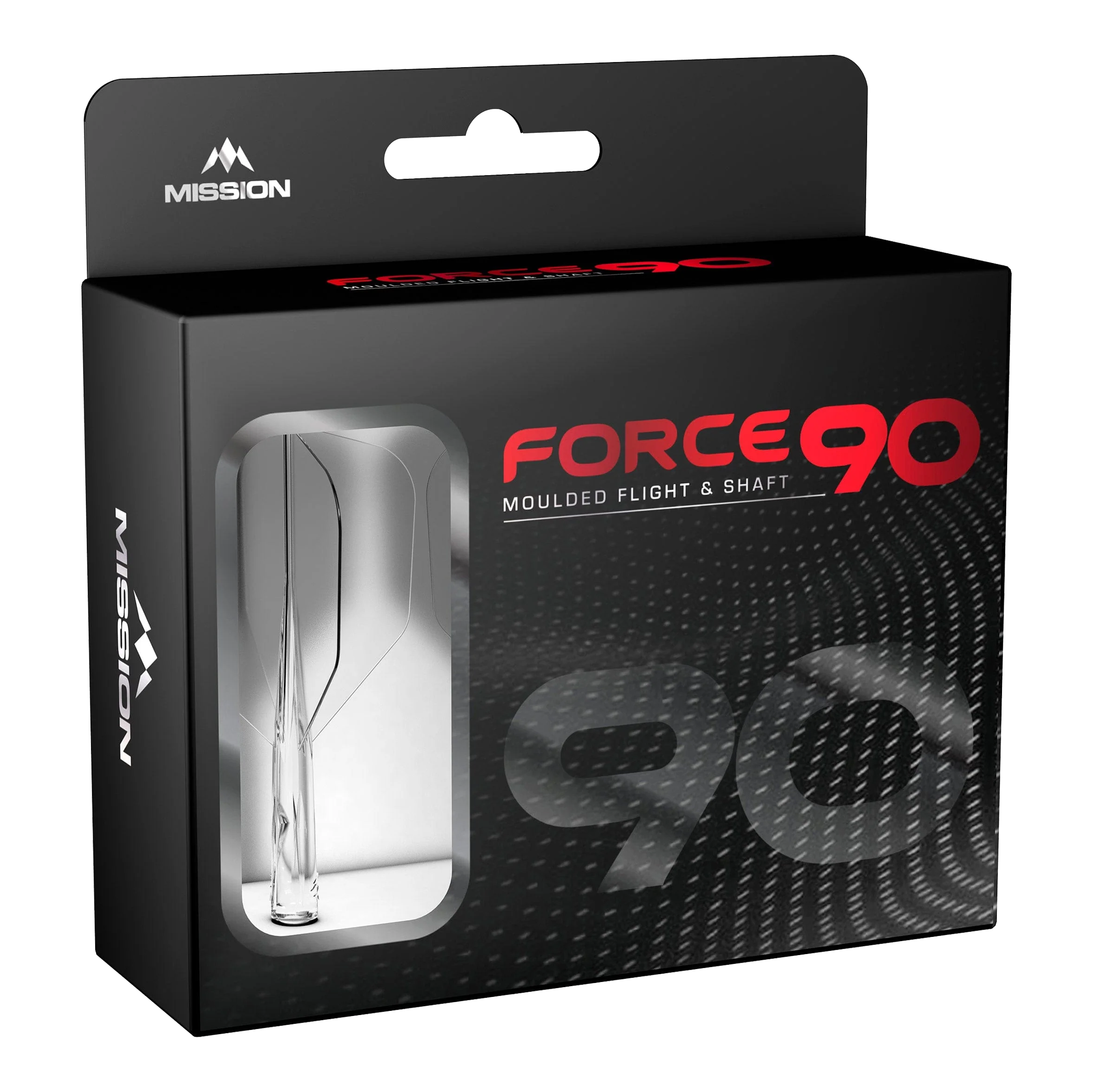 Die Abbildung zeigt die Verpackung des Produkts „Mission Force 90 No6 Flight-Shaft-System - Clear“. In der schwarzen Box mit Sichtfenster ist das transparente Flight-Shaft-System zu erkennen.