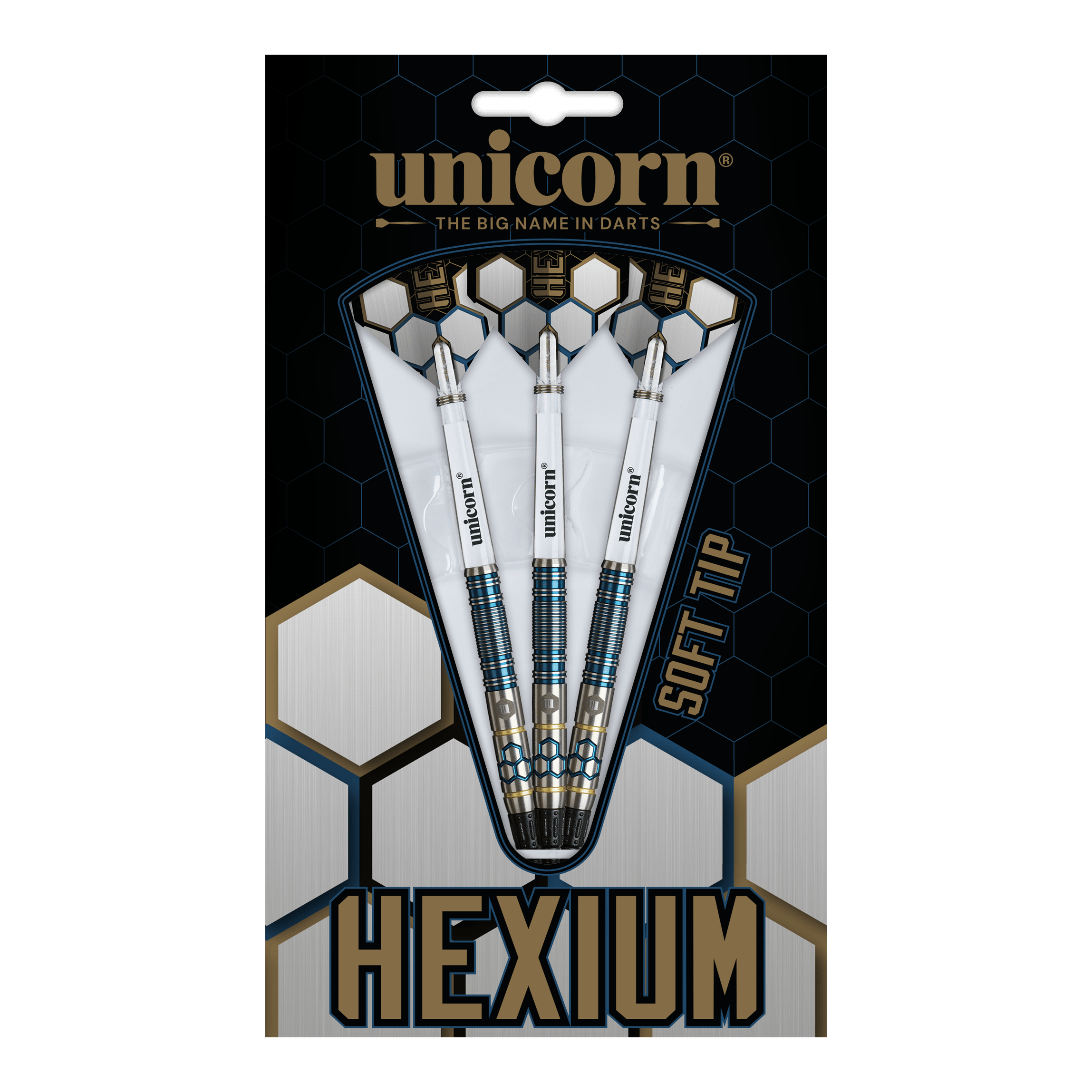 Unicorn Hexium Style 02 Niebiesko-złote miękkie lotki - 21 g Unicorn Hexium Style 02 Blue & Gold Softdarts - 21g besticht durch sein modernes Design. Die stilvollen Softdarts sind ideal für Dartbegeisterte.