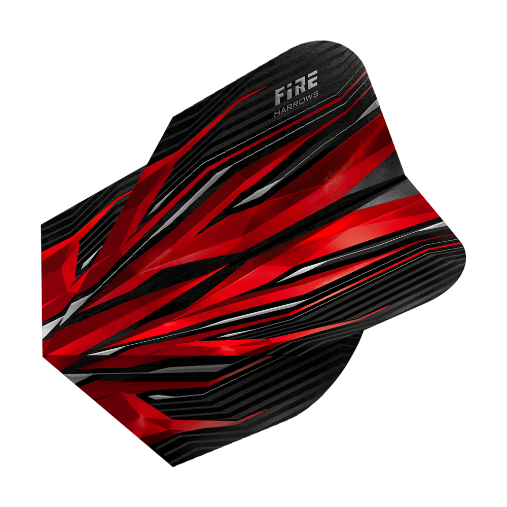 HR1_Harrows_Fire_Red_Standard_Flights_2 Das Bild zeigt das Produkt "Harrows Fire Red Standard Flights". Das Design ist überwiegend rot und schwarz mit dynamischen, scharfen Linien.