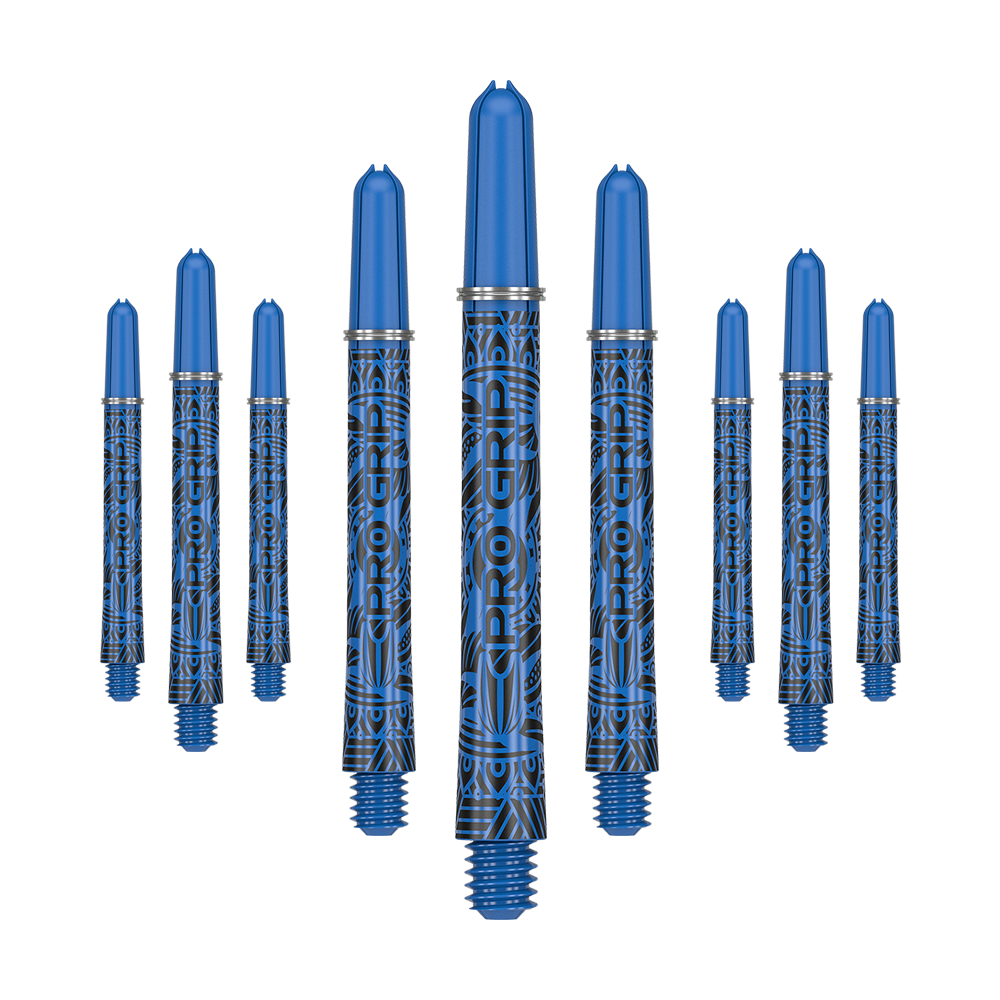 Das Bild zeigt neun blaue Dartschäfte mit schwarzem Muster und der Aufschrift "PRO GRIP". Sie sind in einer Reihe angeordnet, wobei die mittleren Schäfte am größten dargestellt werden.