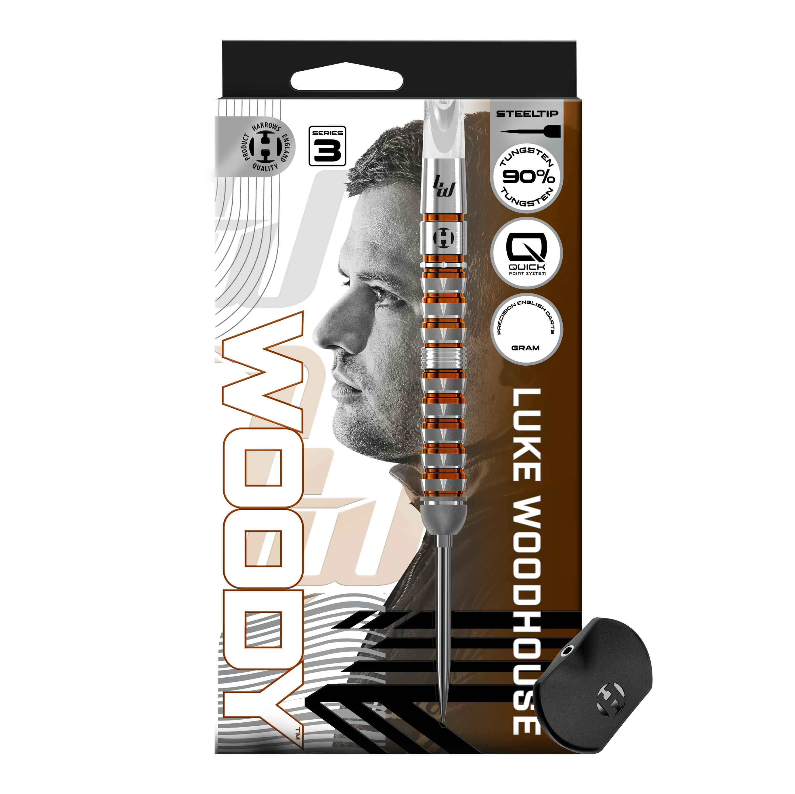 Abgebildet sind die Harrows Luke Woodhouse Series 3 Quick Point Steeldarts. Diese Pfeile eignen sich besonders für Profis und Fortgeschrittene.