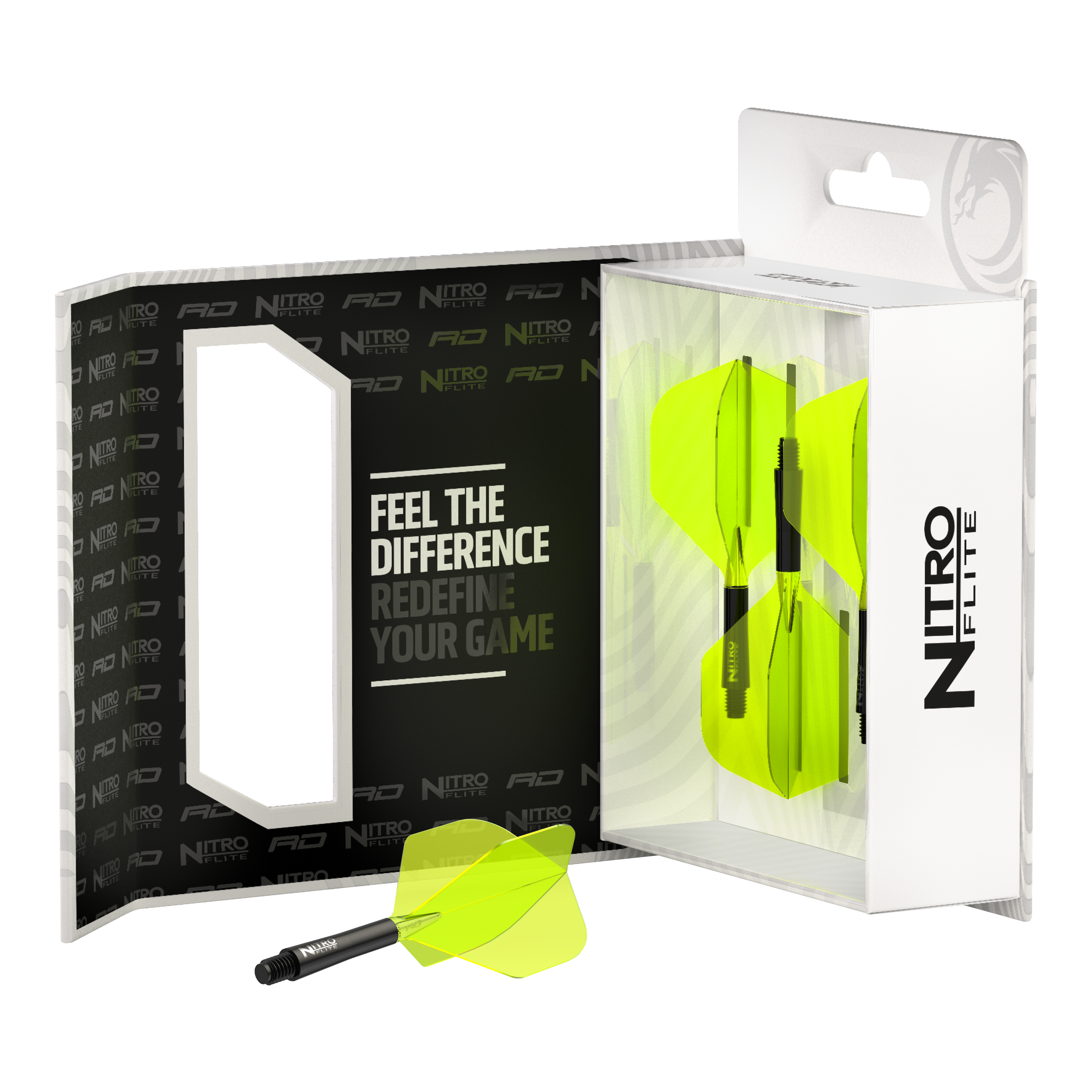 Das Bild zeigt das Produkt "Red Dragon Nitroflite - Black Shaft Yellow No2 Flights" in seiner Verpackung. Die Dartflights sind gelb und haben schwarze Schäfte.