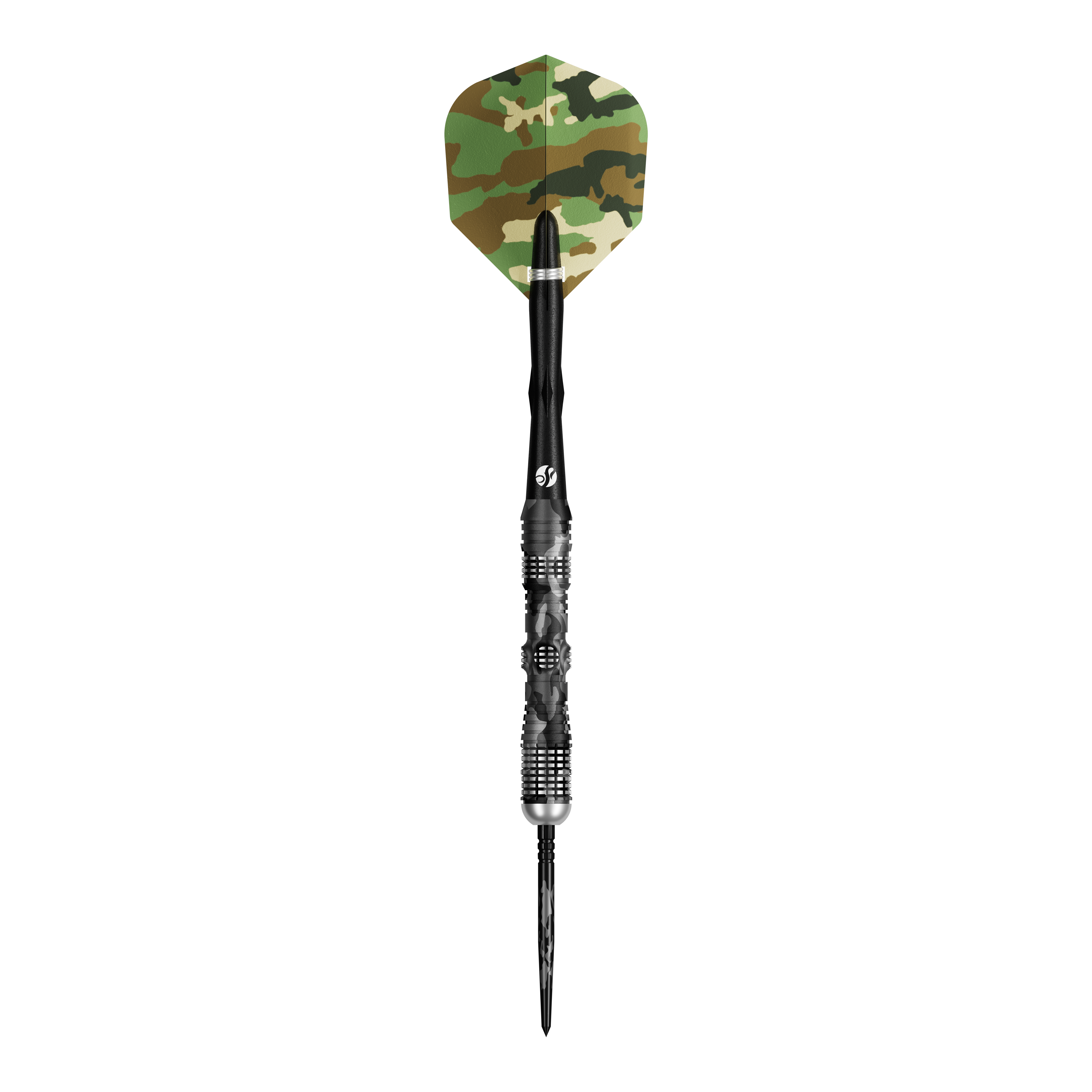 Shot Camo Longshot Turbo Point Steeldarts 23g sind Dartpfeile im Tarnmuster. Die Pfeile liegen parallel.