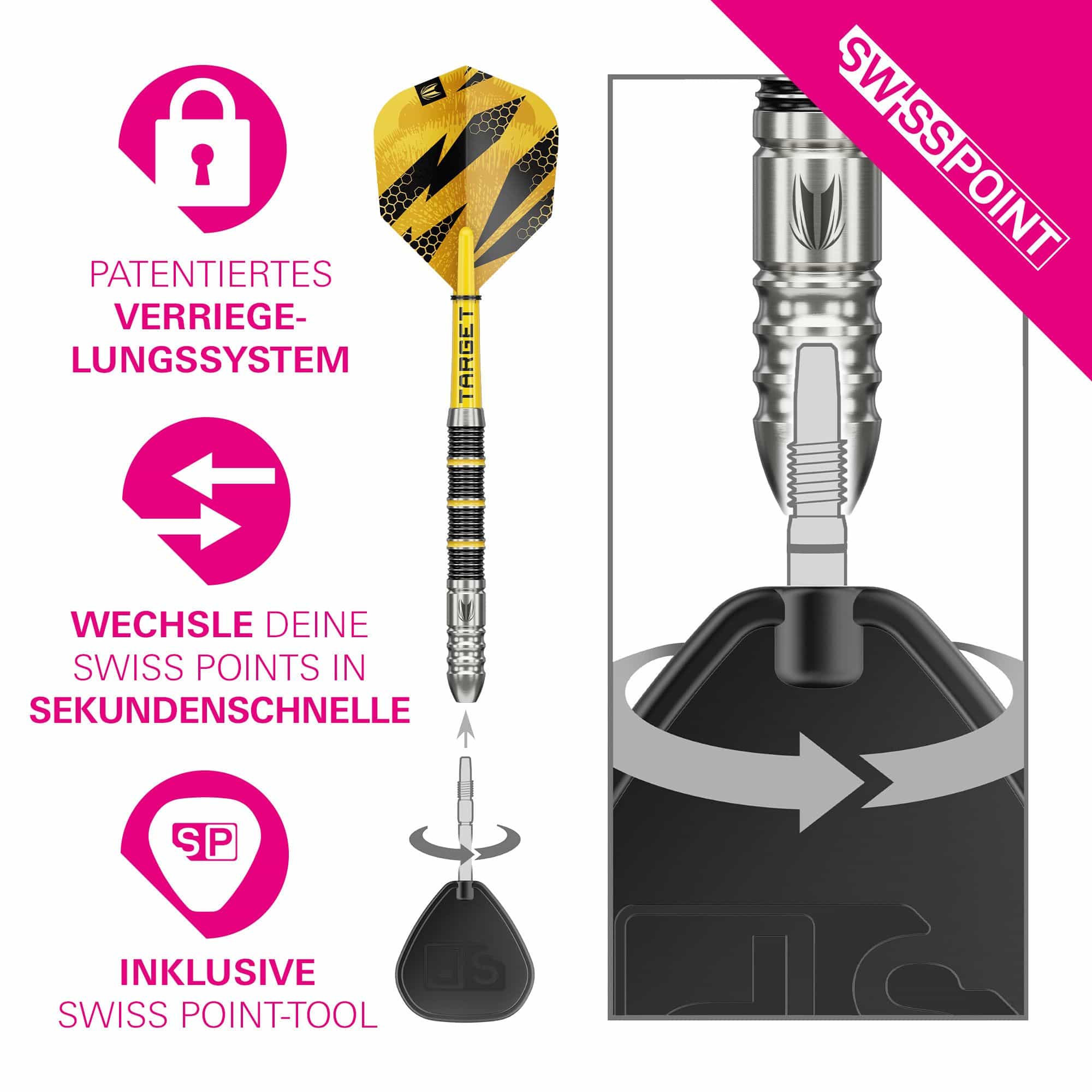 Stalowe lotki Target Buzz 02 Swiss Points Auf dem Foto sind die Target Buzz 02 Swiss Points Steeldarts zu sehen. Das Produkt wird frontal präsentiert.