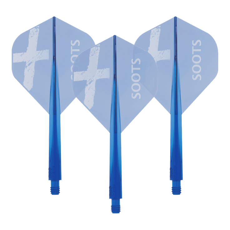 Condor AXE Soots Flight-System - Standard Das Bild zeigt drei blaue Dart-Flights des Produkts "Condor AXE Soots Flight-System - Standard". Auf jedem Flight steht das Wort "SOOTS" und ein weißes Kreuz ist abgebildet.