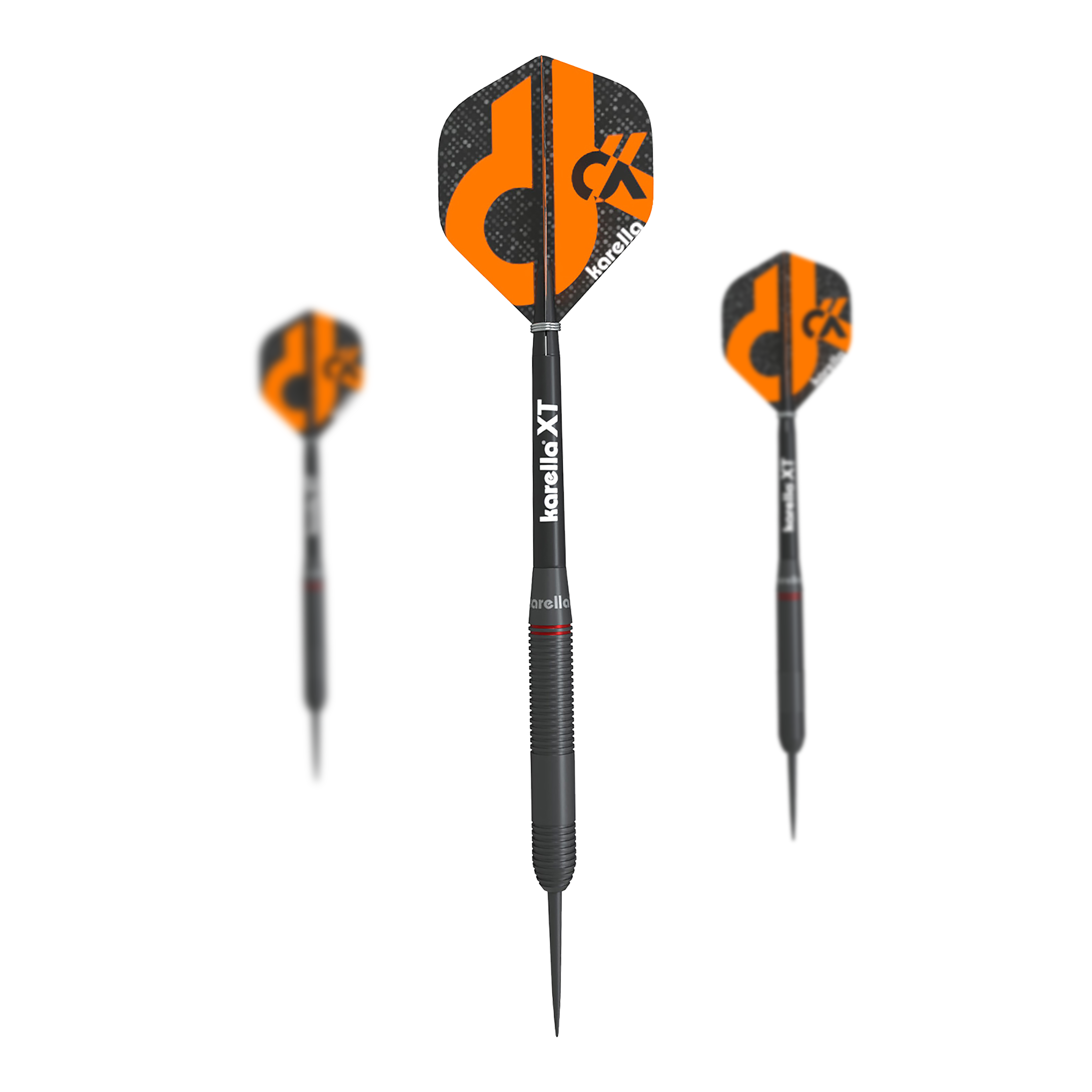 Rzutki stalowe Karella Daniel Klose Das Bild zeigt drei Steeldarts der Marke "Karella Daniel Klose". Die Flights sind schwarz und orange mit dem Kürzel "DK" und dem Karella-Logo bedruckt.