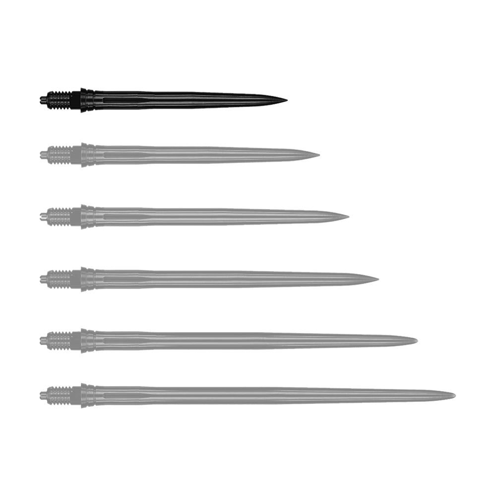Das Bild zeigt schwarze Dartspitzen mit glatter Oberfläche, vermutlich 28 mm lang. Die Datei trägt den Namen EVO181_Caliburn_EZ-EVO_Dartspitzen_Smooth_Schwarz_28mm_1.