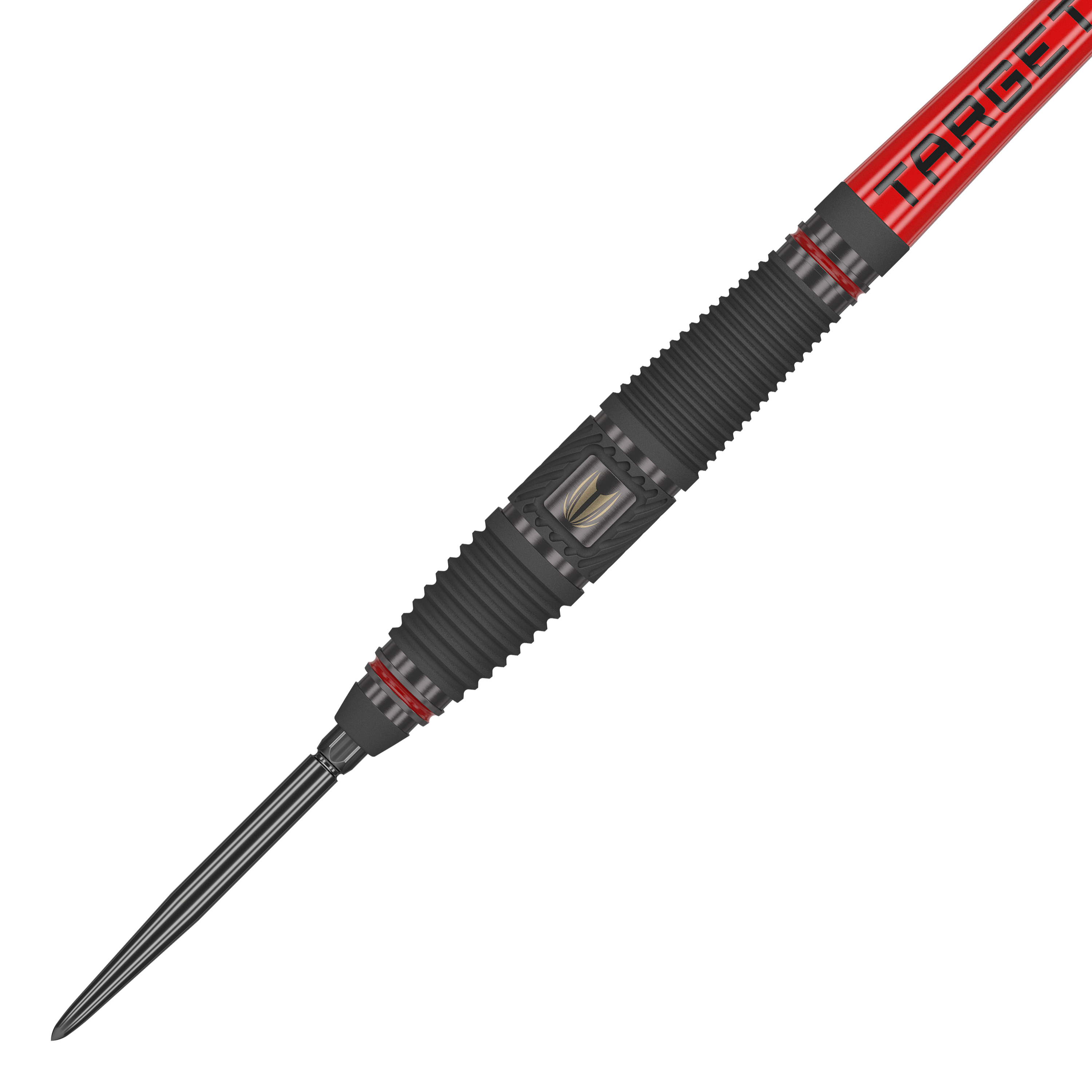 Stalowe lotki Target Scope 03 Swiss Point Das Bild zeigt ein Target Scope 03 Swiss Point Steeldart mit schwarzem und rotem Design. Die Oberfläche des Darts ist geriffelt und hat Metallakzente für besseren Halt.