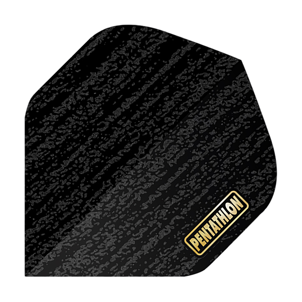 Pentathlon Flights RT Sandblast Das Bild zeigt ein schwarzes Dartflight mit sandgestrahltem Muster. In der unteren Ecke befindet sich das goldene Logo "PENTATHLON".