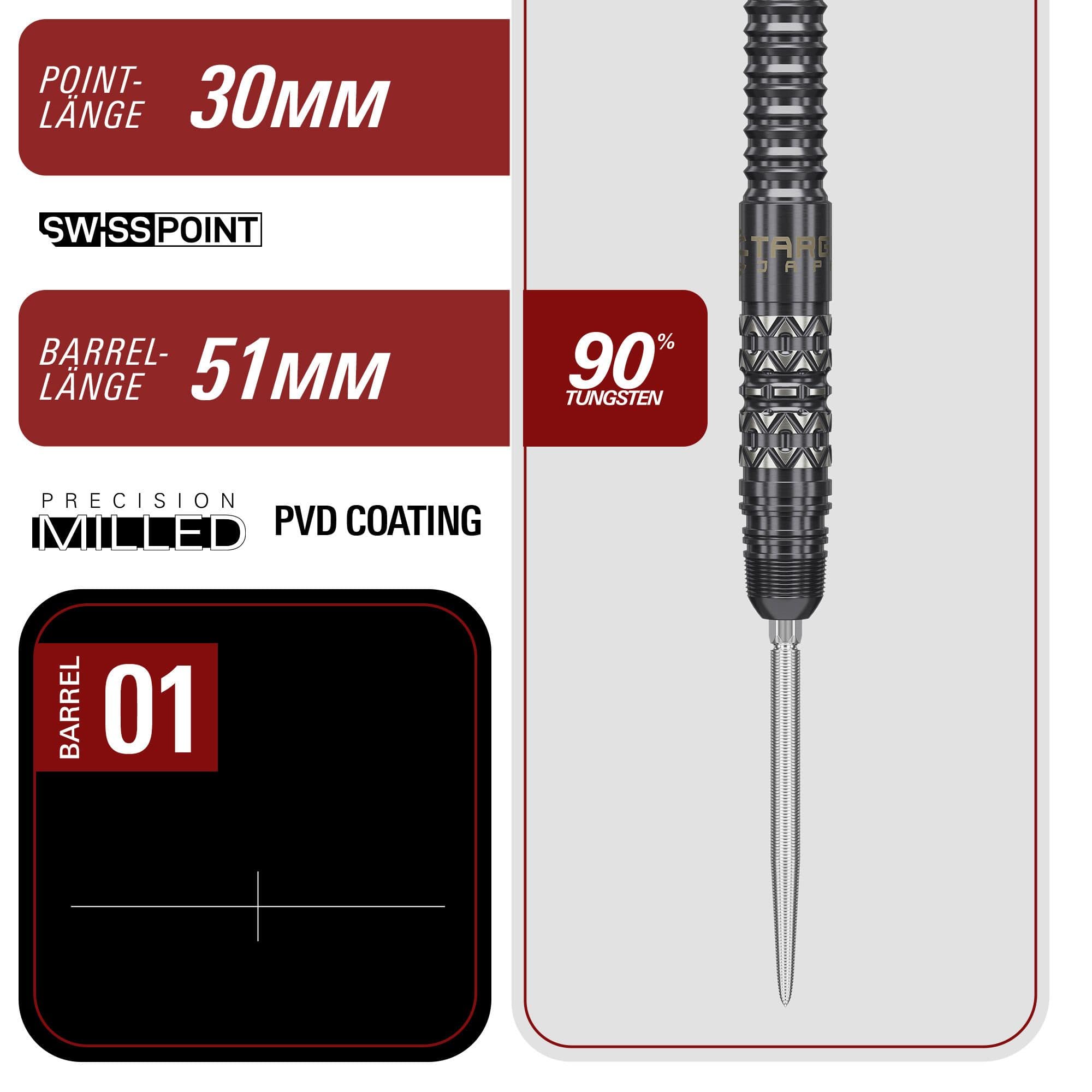 Lotki stalowe Target Japan Black Marque Creed Swiss Point - 23 g Target Japan Black Marque Creed Swiss Point Steeldarts - 23g werden präsentiert. Die Darts sind elegant und modern im Design.