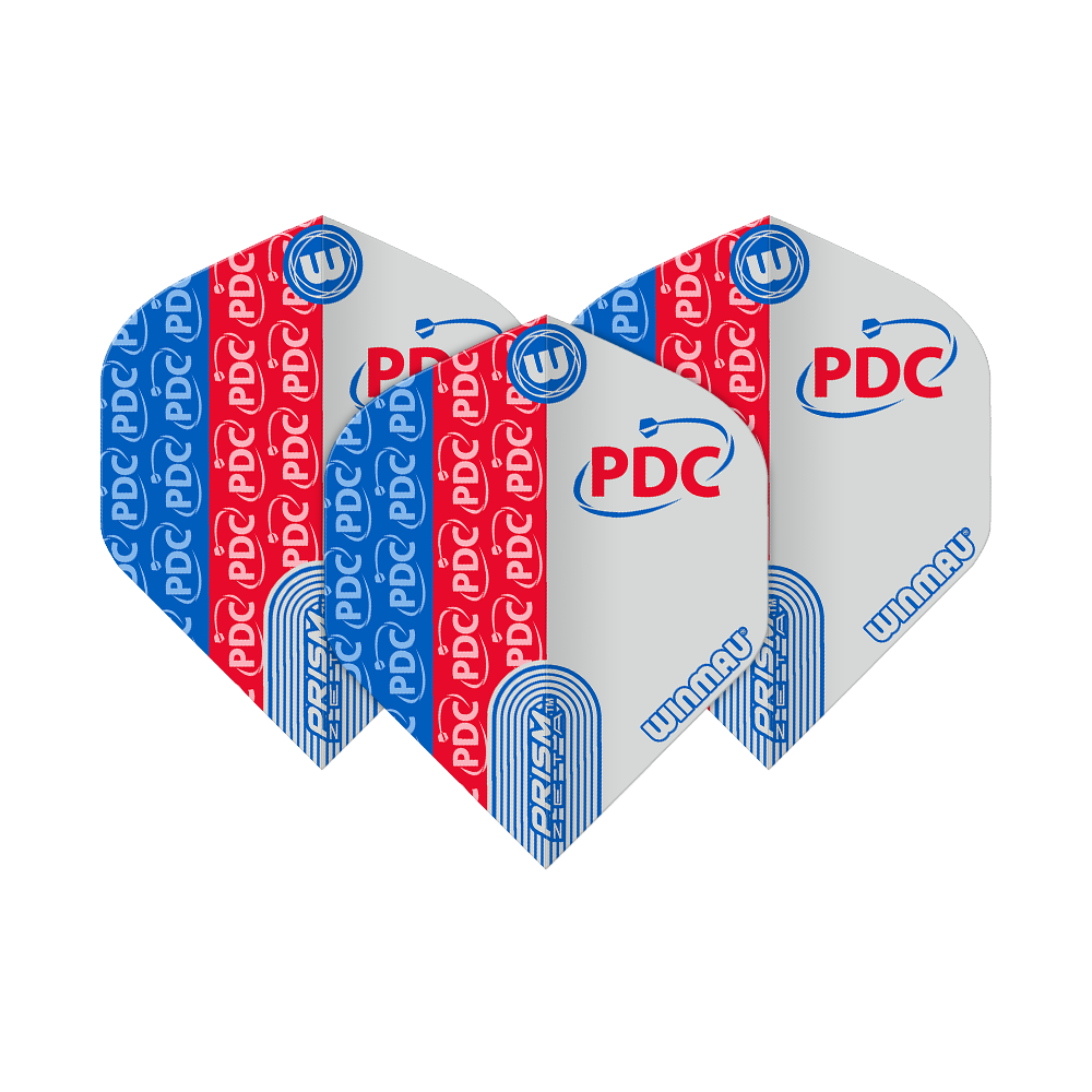 Das Bild zeigt drei Dartflights in den Farben Rot, Blau und Weiß mit dem Aufdruck "PDC" und "Winmau". Das Design ist modern und auffällig gestaltet.