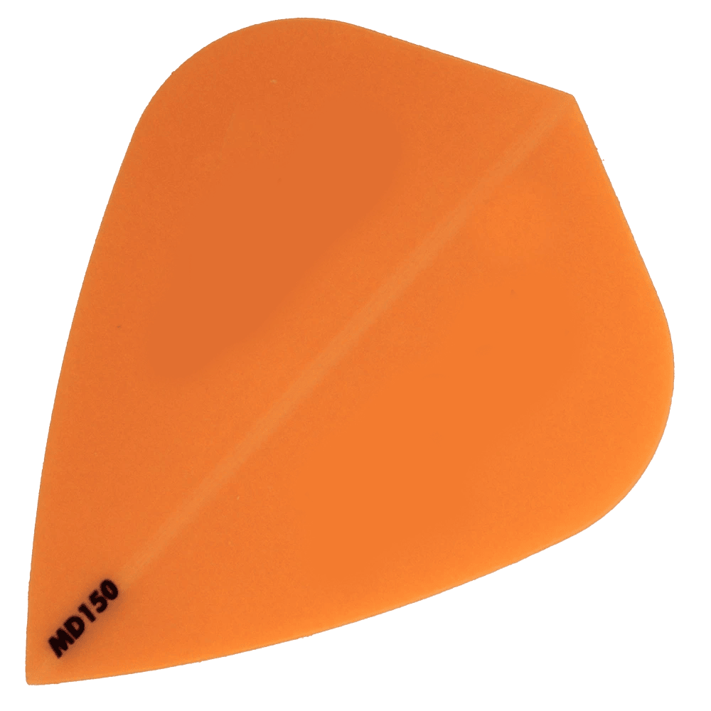 Das Bild zeigt das Produkt "McDart MD150 - Kite Flight", eine orangene Dart-Flugfeder. In der unteren linken Ecke steht die Bezeichnung "MD150".