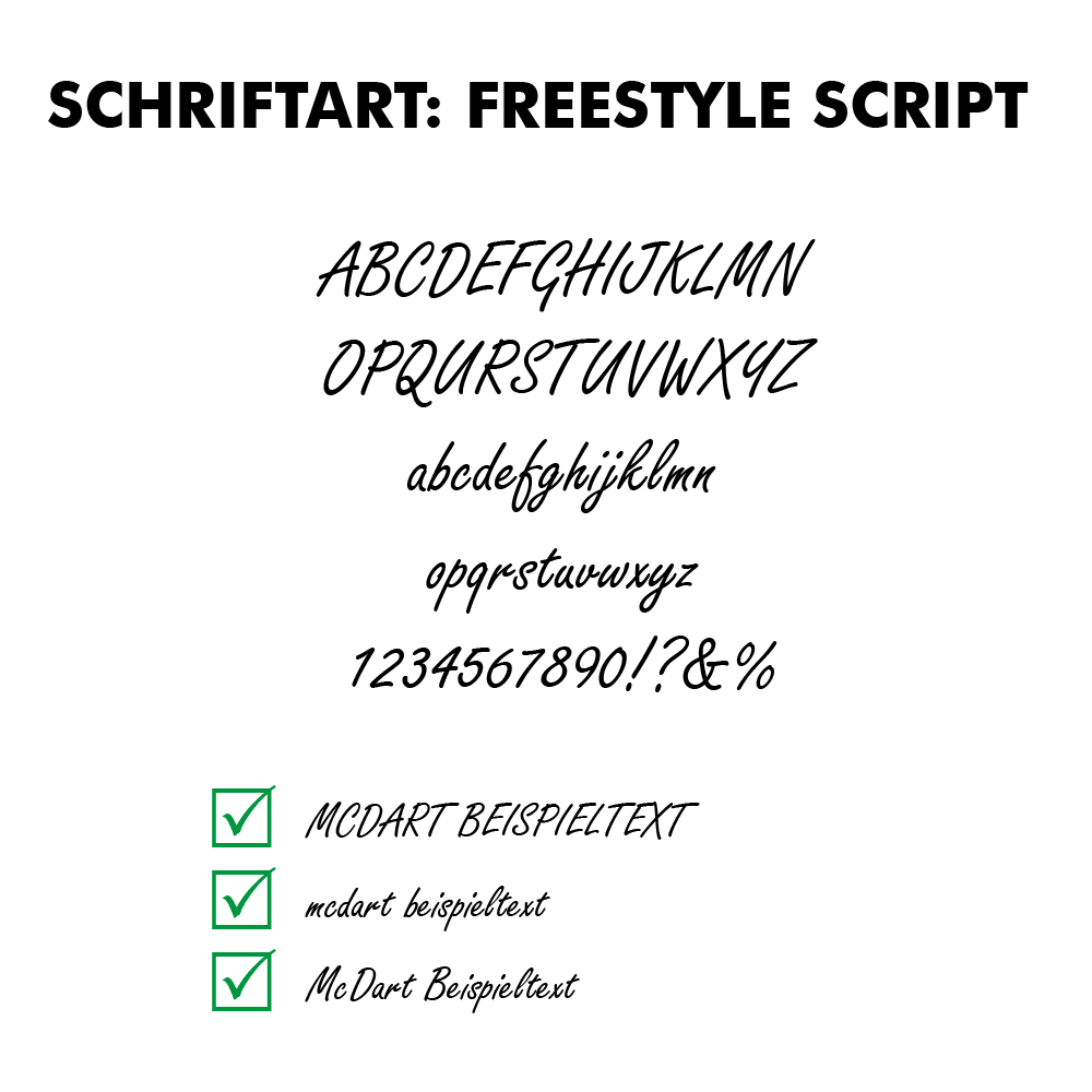 Flightdruck-Schriftart-Freestyle-ScriptYG20MbZqMjgTb Dart-Flight mit Freestyle-Script Schriftzug. Die Buchstaben sind geschwungen und dekorativ.