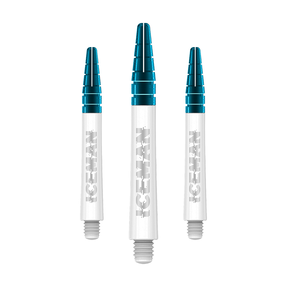 C635_Red_Dragon_Nitrotech_Gerwyn_Price_Shafts_White_42mm_1 Auf dem Bild sind drei weiße Dartschäfte mit blauen Spitzen zu sehen. Auf den Schäften steht das Wort "ICEMAN" in silberner Schrift.