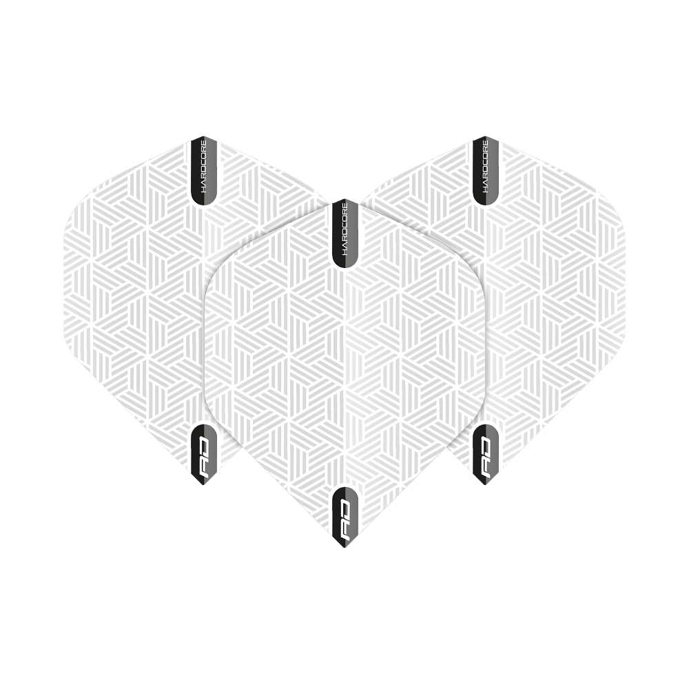 TF6427_Red_Dragon_Hardcore_White_Standard_Flights_1YY8ajxLYnFIeS Das Bild zeigt drei "Red Dragon Hardcore White Standard Flights" für Darts. Sie sind weiß mit einem dezenten geometrischen Muster und haben schwarze Akzente mit der Aufschrift "HARDCORE".