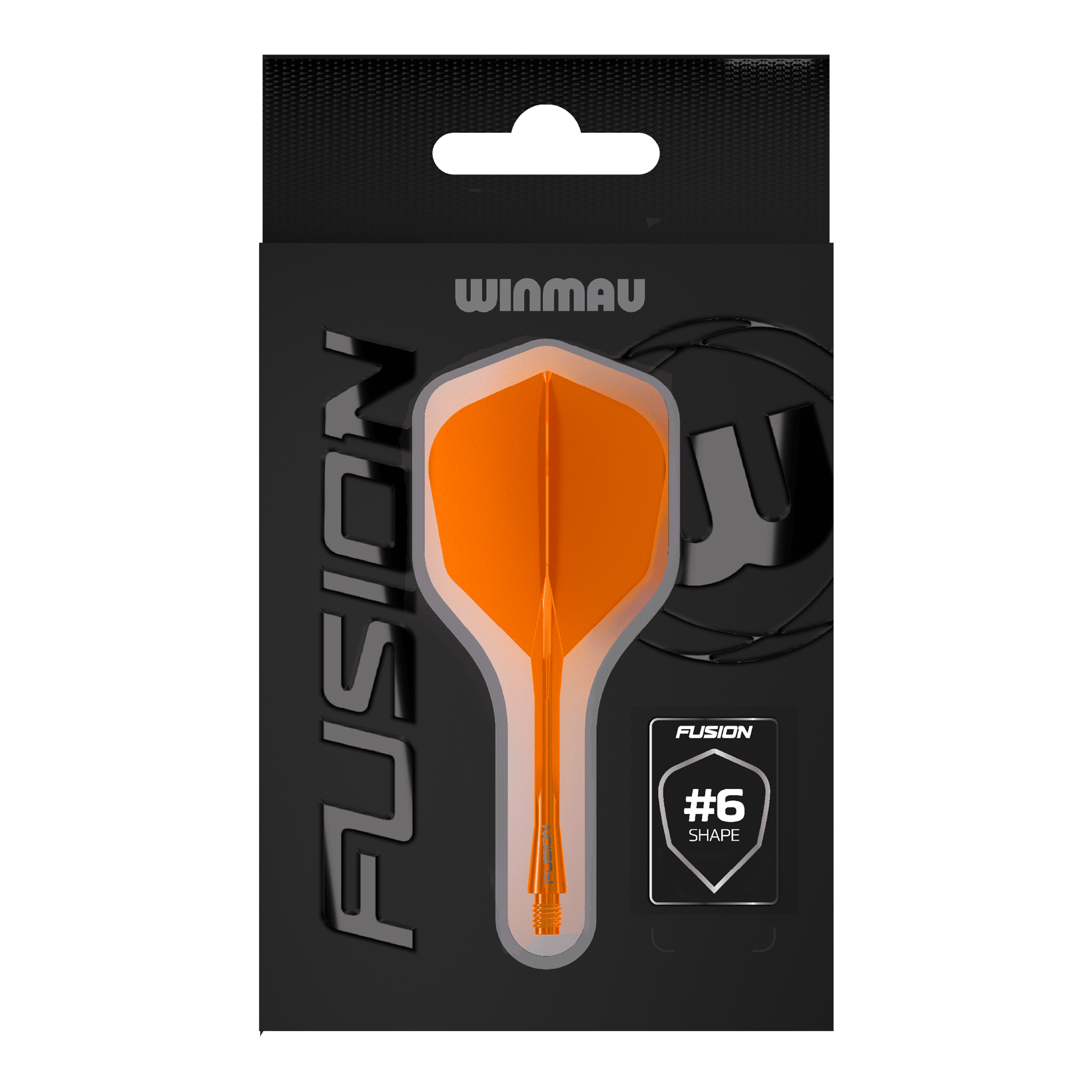 Das Bild zeigt das Winmau Fusion Flight-Shaft-System No6 in Neon Orange. Dieses System verbindet Flight und Shaft zu einer stabilen Einheit für Dartpfeile.