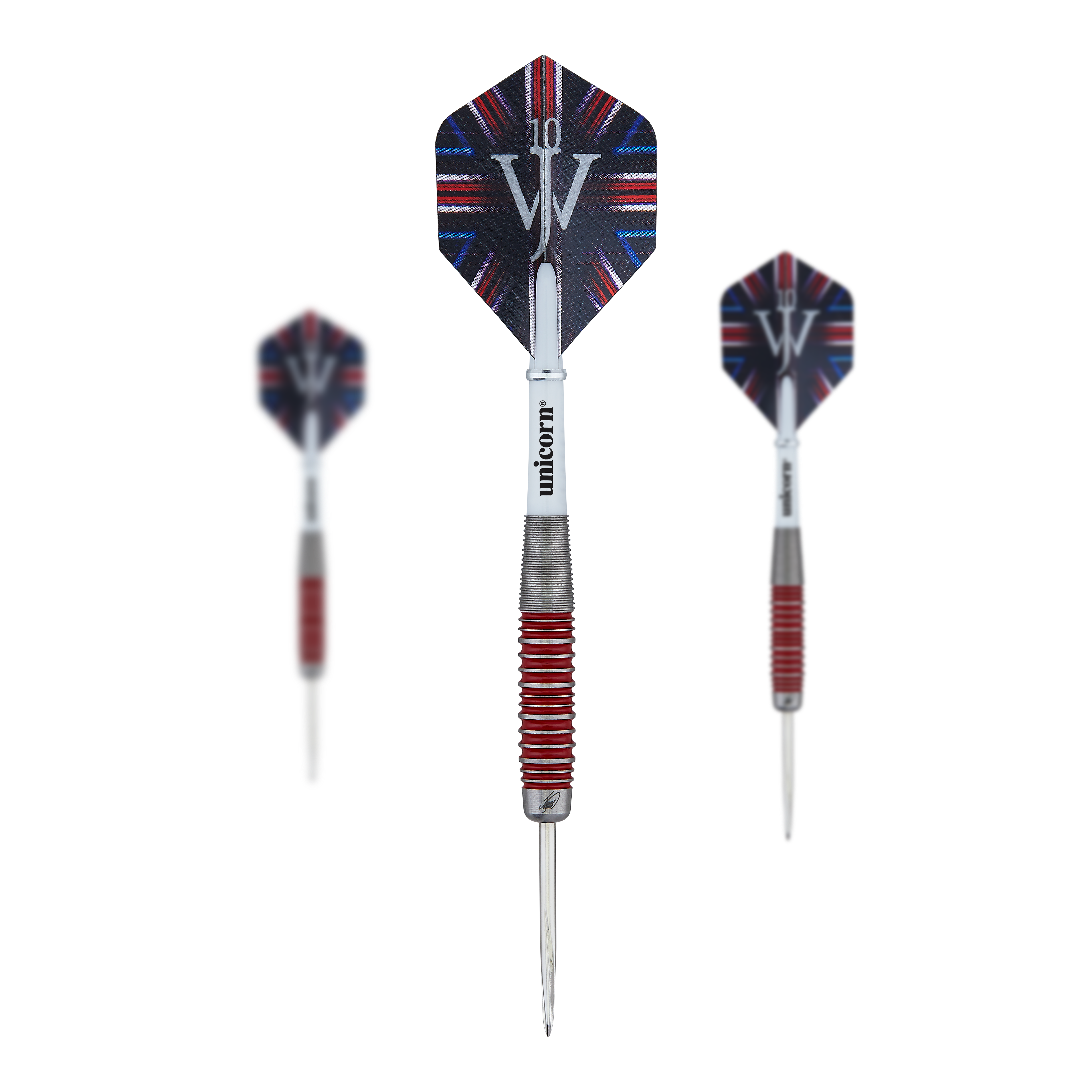 Unicorn The Machine James Wade 90% stalowe rzutki Das Bild zeigt drei Steeldarts des Produkts "Unicorn The Machine James Wade 90% Steeldarts". Die Darts haben rote und silberne Griffringe sowie Flights mit einem schwarz-blauen Muster und den Initialen "JW".