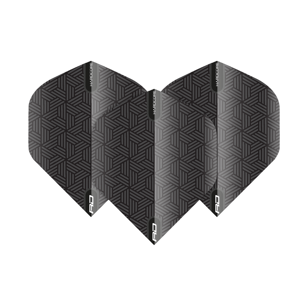 TF6428_Red_Dragon_Hardcore_Black_Standard_Flights_15MA6X0fNlpah8 Das Bild zeigt die Red Dragon Hardcore Black Standard Flights. Sie sind schwarz mit einem geometrischen Muster und weißer Beschriftung.