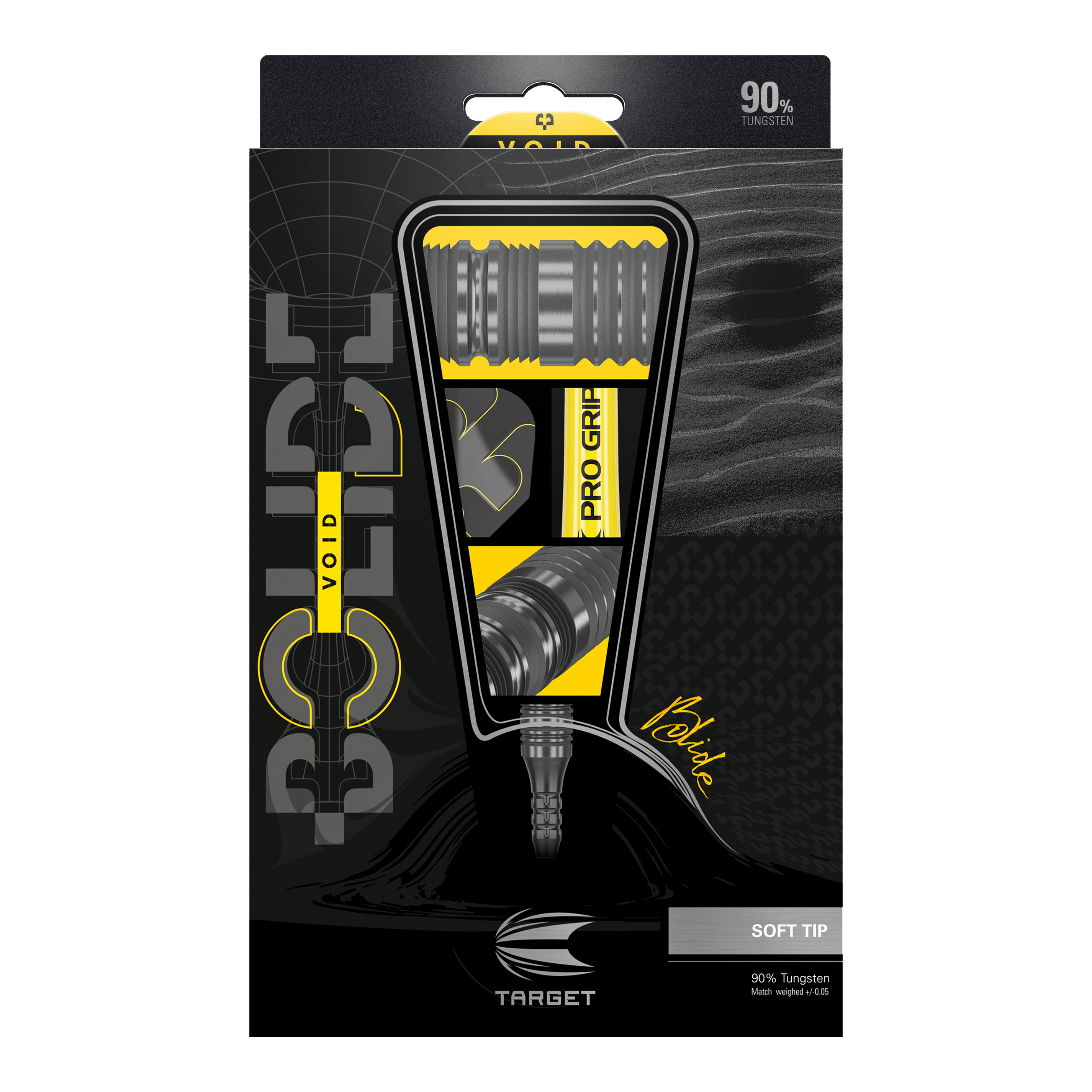 Target Bolide Void 10 miękkich rzutek Das Bild zeigt die Verpackung der "Target Bolide Void 10 Softdarts". Die Verpackung ist schwarz-gelb gestaltet und hebt die Darts mit 90% Tungsten-Anteil hervor.