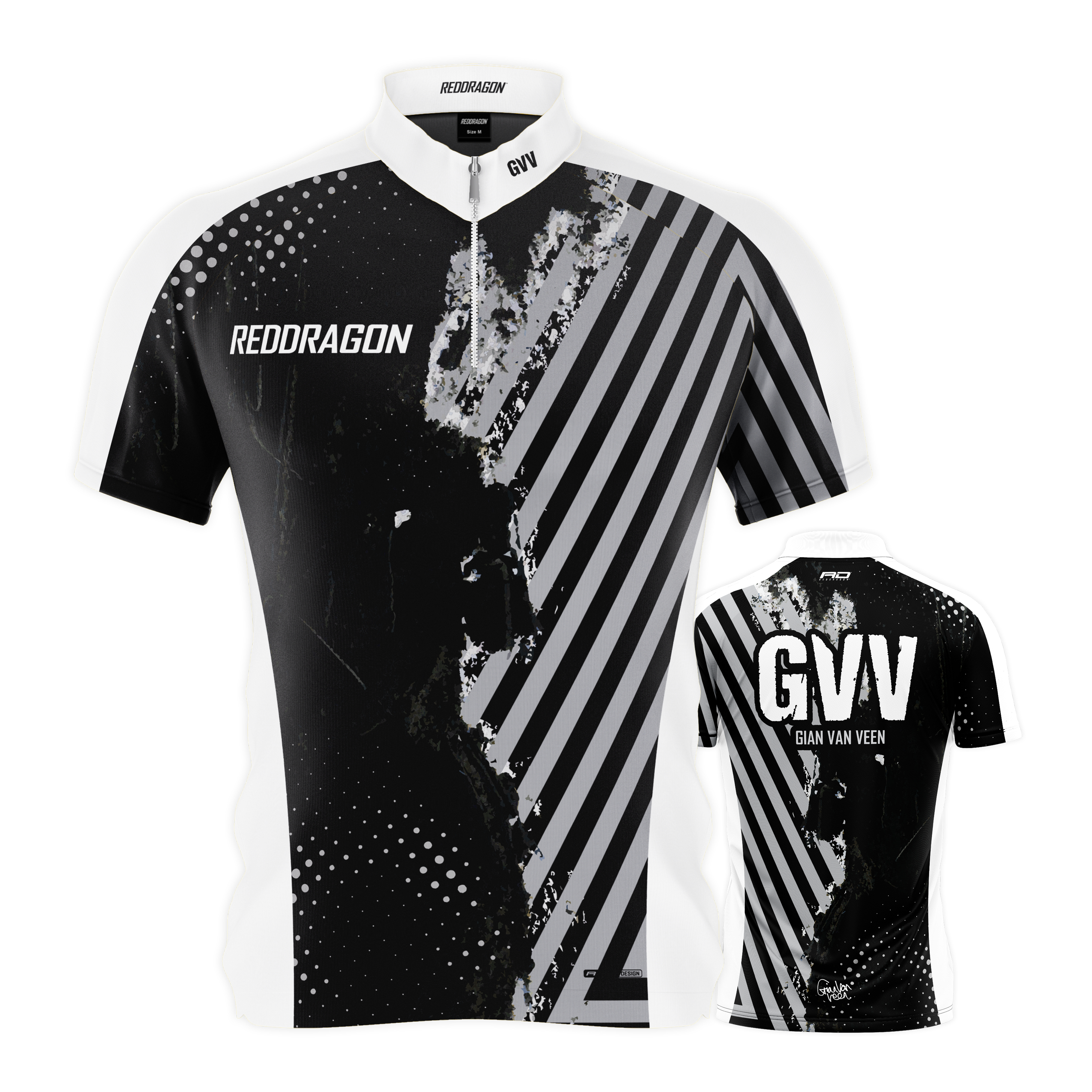 Koszulka Red Dragon Gian Van Veen Limited Edition z lotkami Red Dragon Gian Van Veen Limited Edition Dartshirt wird auf dem Foto gezeigt. Es ist ein speziell entworfenes Dartshirt als Sammlerstück.