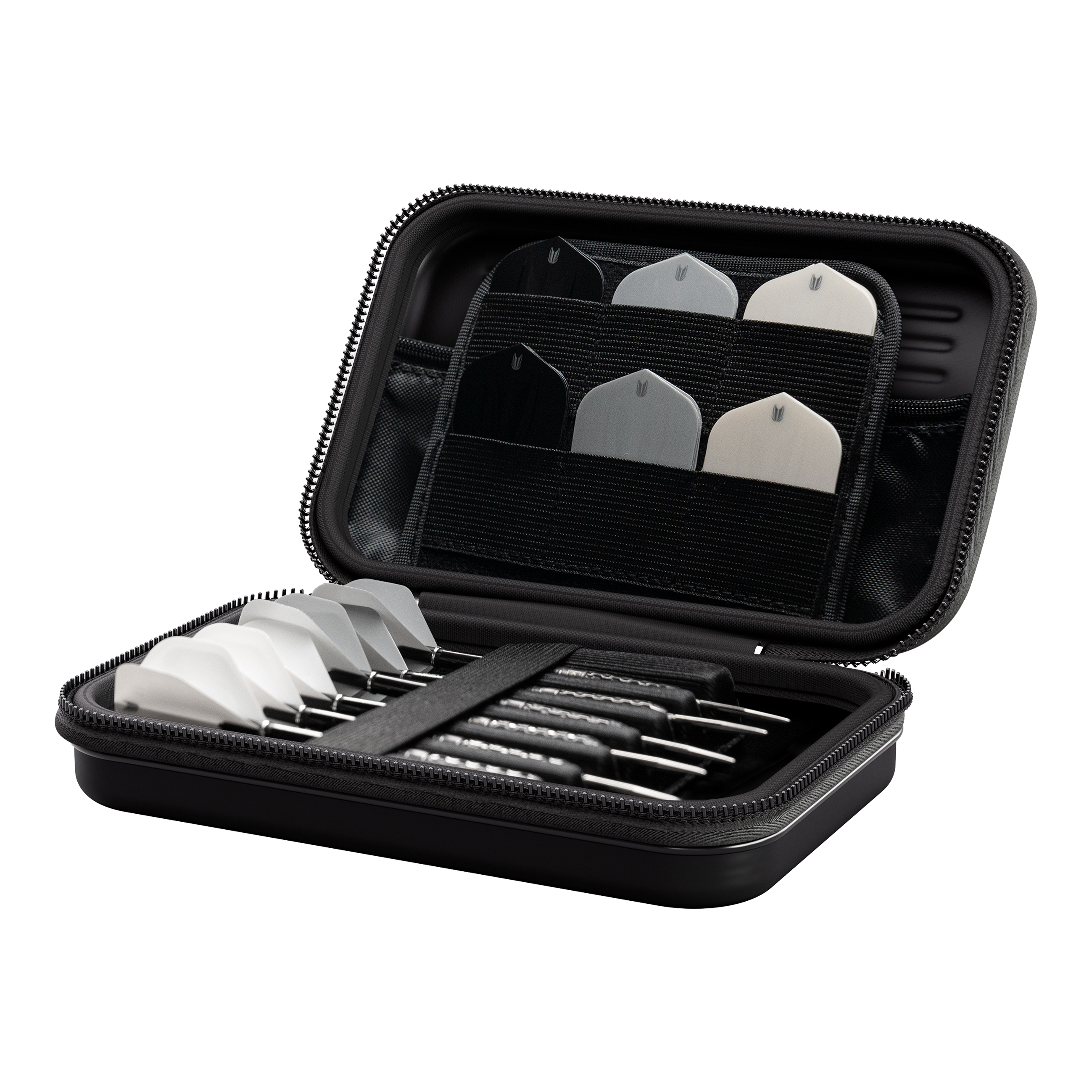 Etui na lotki Target Takoma Luke Littler XL Das Bild zeigt das Produkt "Target Takoma Bolide XL Dartcase". In dem geöffneten Etui sind mehrere Dartpfeile und Ersatzflights ordentlich verstaut.