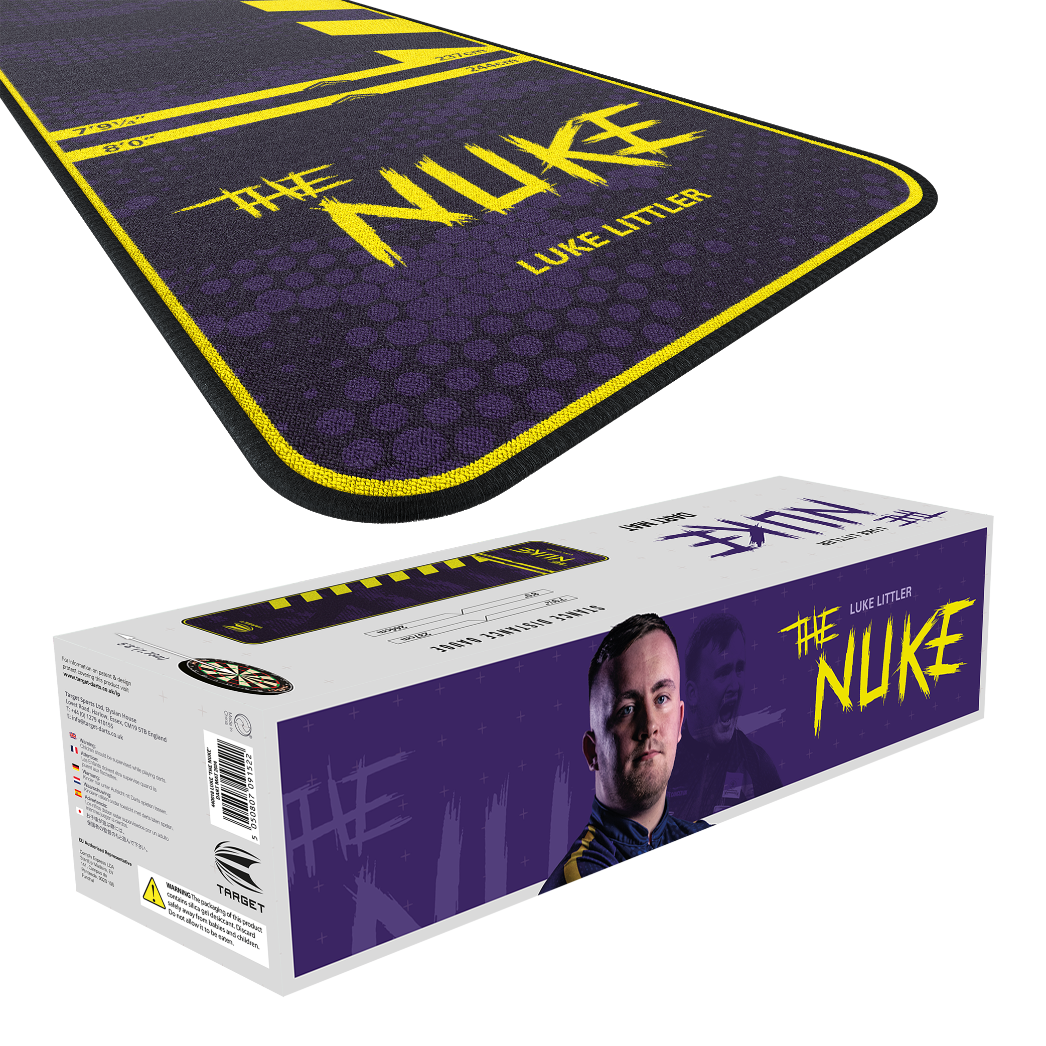 Mata do rzutek Target Luke Littler The Nuke Das Bild zeigt den "Target Luke Littler The Nuke Dartteppich" in lila Farbe mit gelben Akzenten. Auf der Verpackung ist ein Bild von Luke Littler sowie der Produktname zu sehen.