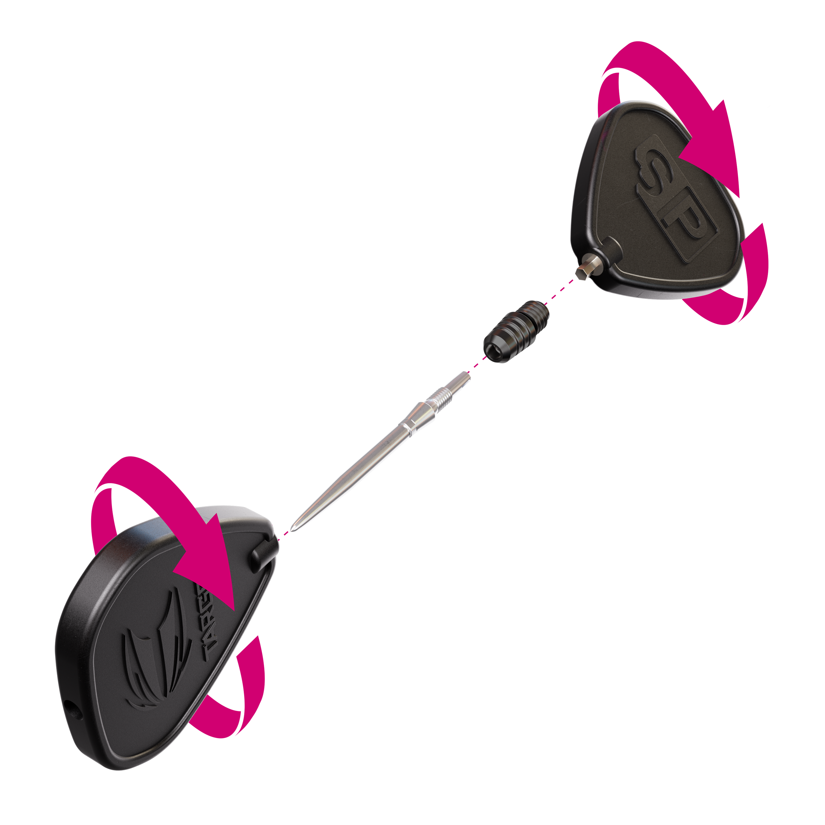 Konwerter Target Swiss Point 2BA – czarny Das Bild zeigt den Target Swiss Point 2BA Converter in Schwarz. Zwei schwarze Werkzeuge und ein Converter mit einer Dartspitze sind abgebildet, mit Pfeilen, die eine Drehbewegung anzeigen.