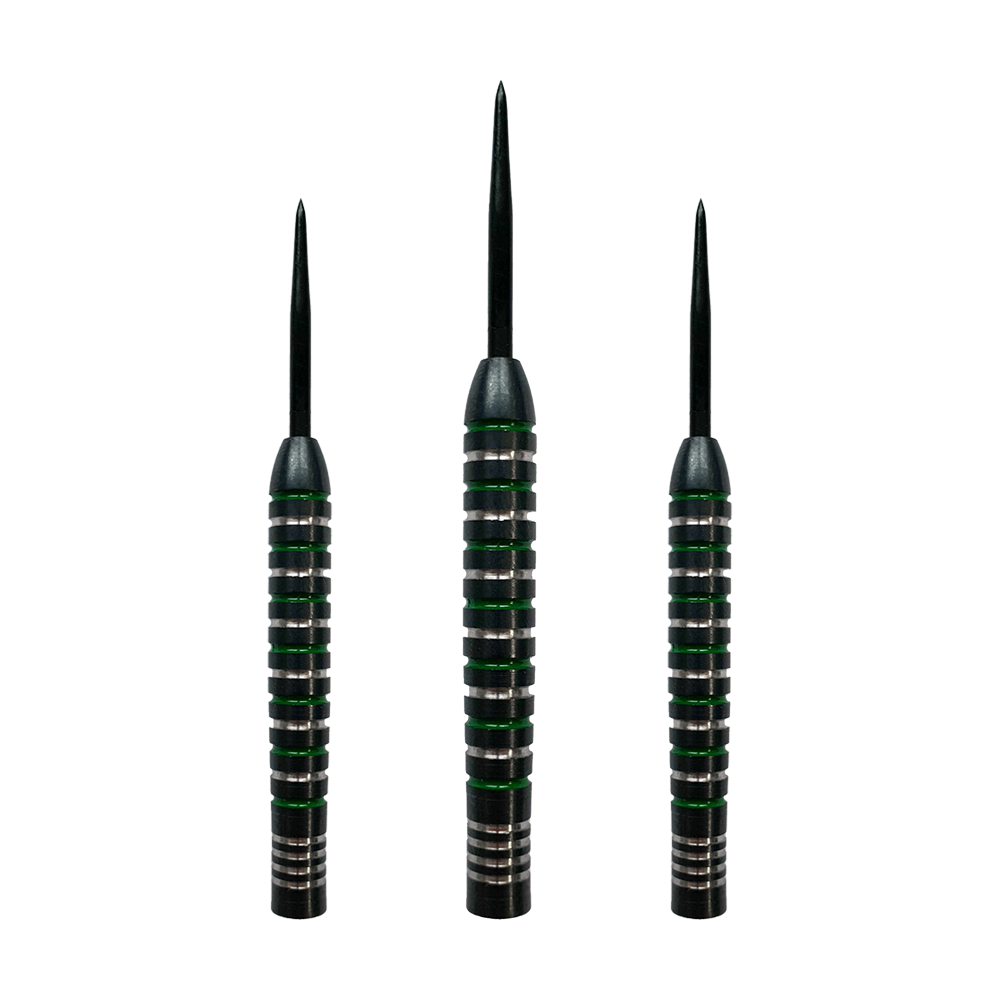 Beczki McDart Silver Green Steeldart Das Bild zeigt drei McDart Silver Green Steeldart Barrels. Die Barrels sind schwarz mit silbernen und grünen Ringen.