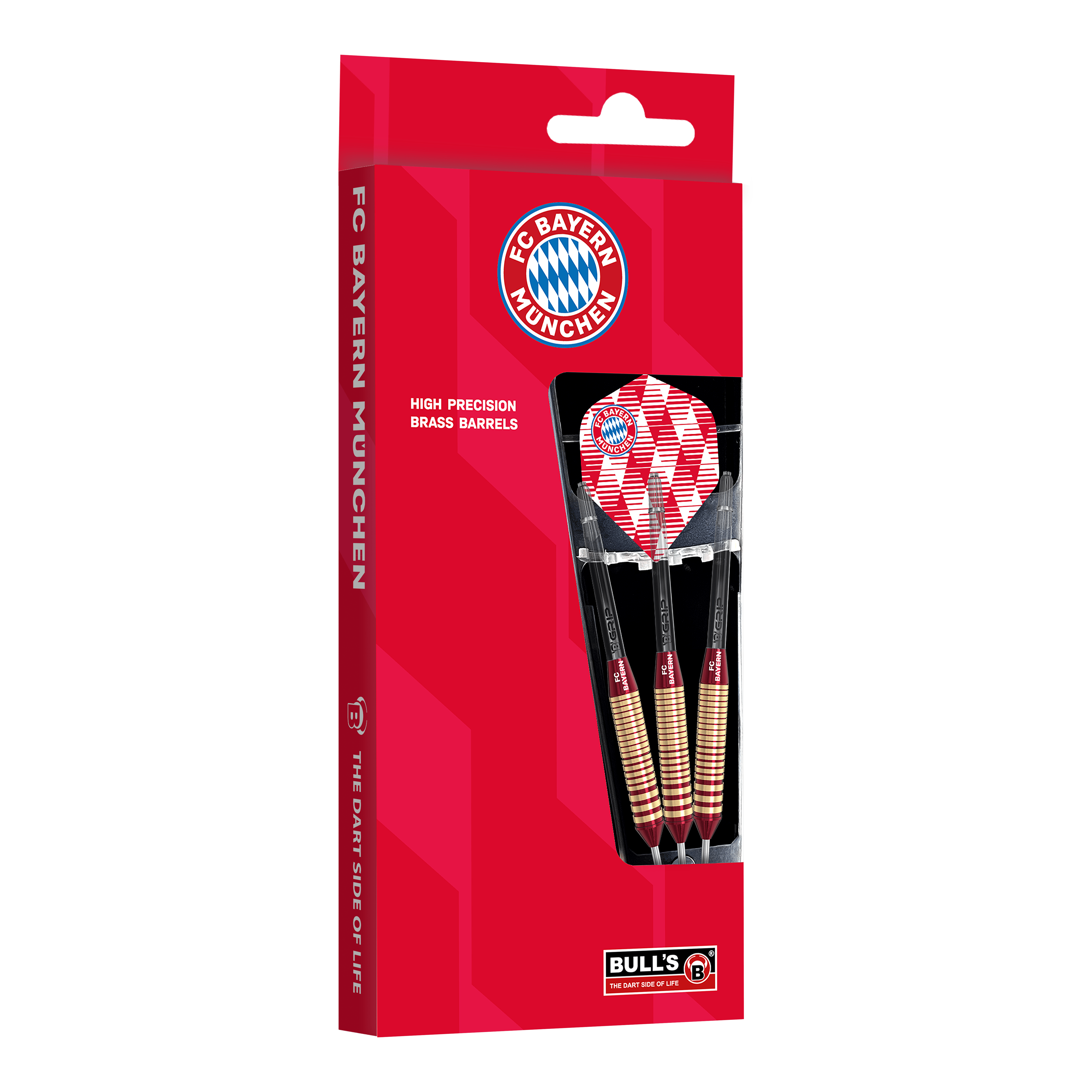 Lotki mosiężne i stalowe Bulls FC Bayern Munich - 21g Das Bild zeigt die Bulls FC Bayern München Brass Steeldarts mit 21 Gramm Gewicht. Die Darts sind im Design des Fußballvereins FC Bayern München gehalten.