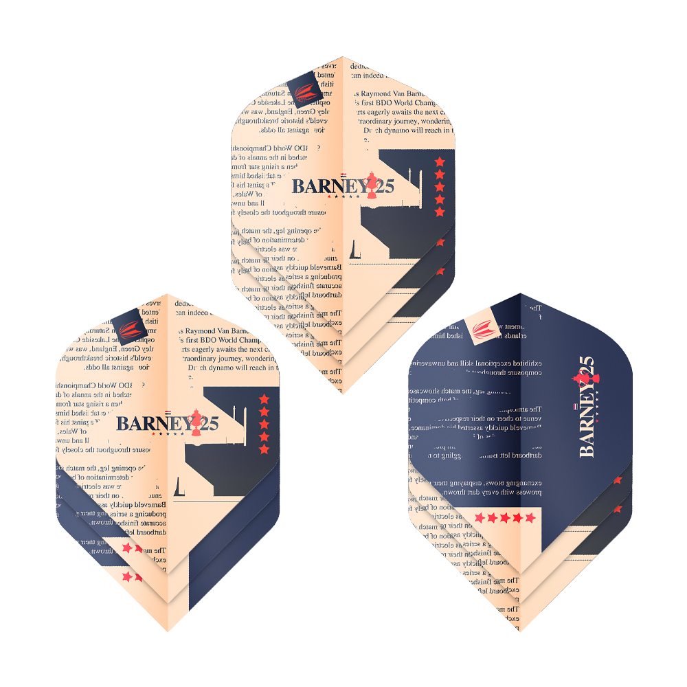 Kieruj na standardowe loty ProUltra Raymond Van Barneveld Barney25 Das Bild zeigt drei Sätze von Target ProUltra Raymond Van Barneveld Barney25 Standard Flights. Die Flights sind in Beige und Dunkelblau gestaltet und tragen den Aufdruck "BARNEY25" mit roten Sternen.