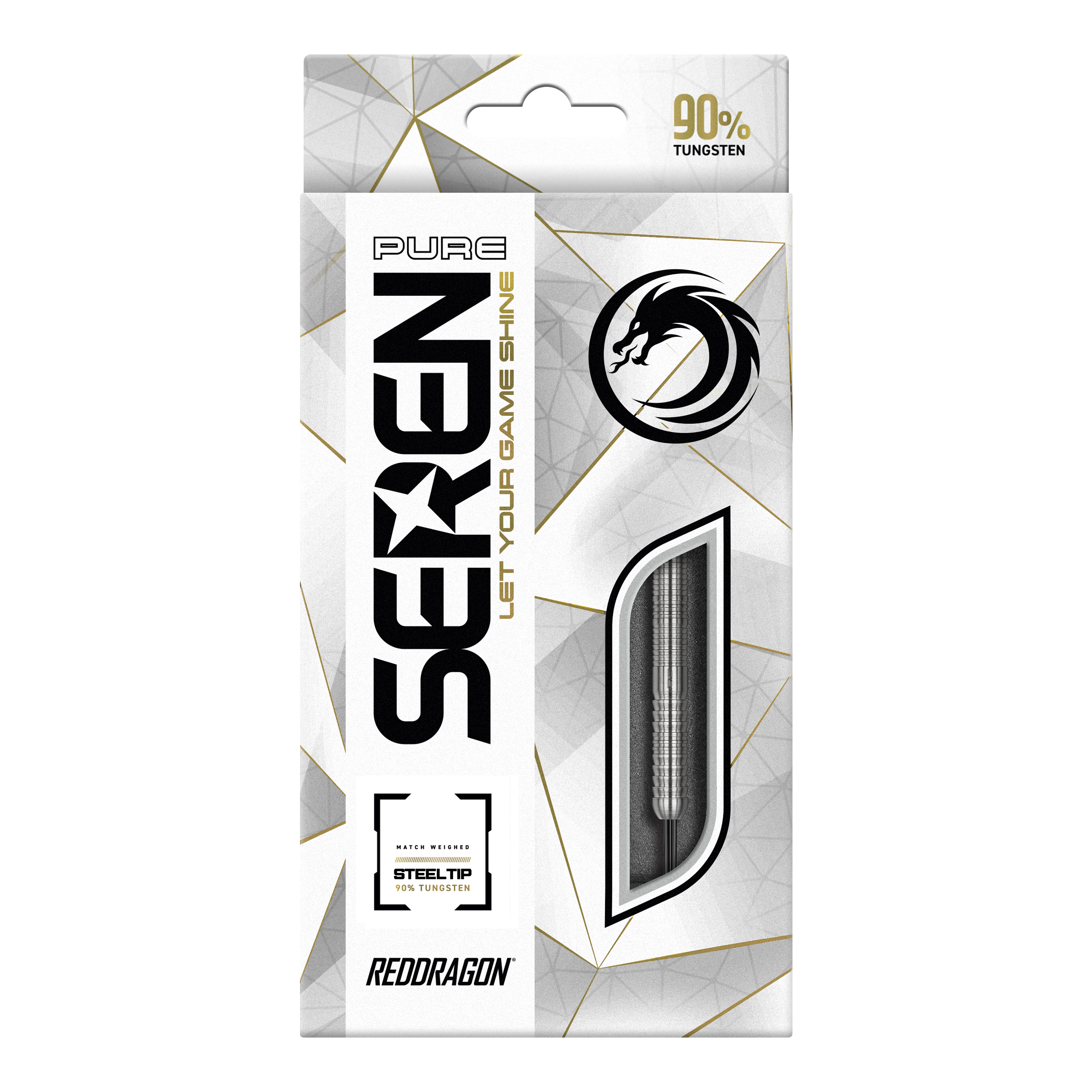 Red Dragon Seren 1 Czyste Steeldarts Die Verpackung zeigt das Produkt "Red Dragon Seren 1 Pure Steeldarts". Auf der Vorderseite wird hervorgehoben, dass die Darts aus 90% Tungsten bestehen.