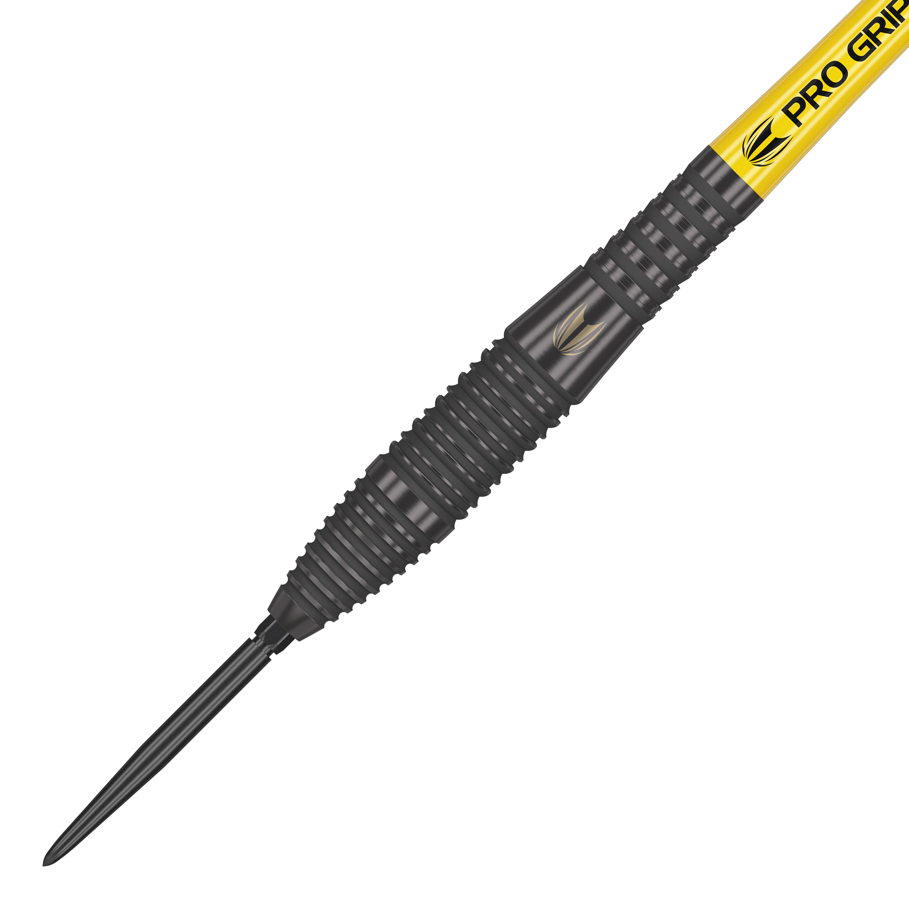 Stalowe lotki Target Bolide Void 05 Swiss Point Das Bild zeigt einen Target Bolide Void 05 Swiss Point Steeldart. Der Dart hat eine schwarze, gerillte Oberfläche und einen gelben Schaft mit der Aufschrift "Pro Grip".