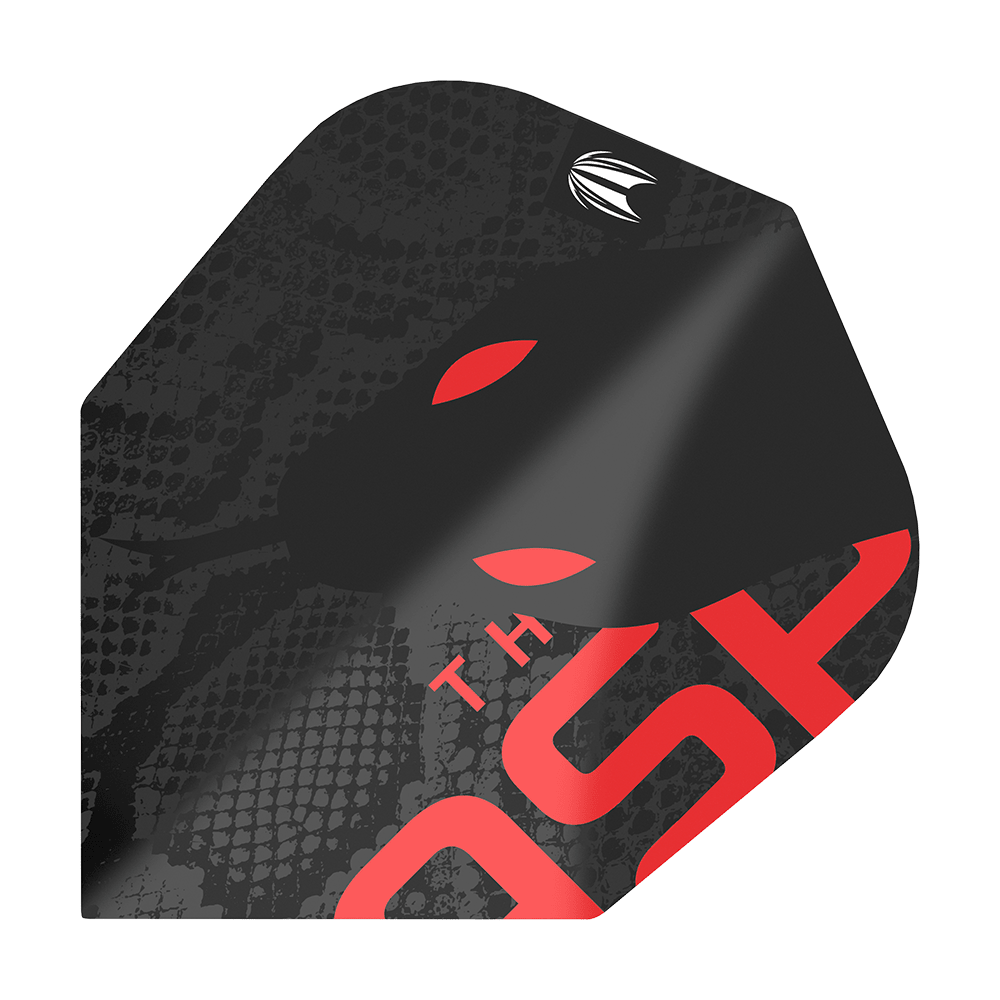 TG11_336950_Target_ProUltra_Nathan_Aspinall_80_Black_No6_Flights_1 Das Bild zeigt ein schwarzes Dart-Flight mit roten und weißen Akzenten. Auf der Oberfläche ist ein Schlangenledermuster sowie der Schriftzug "THE ASP" zu sehen.