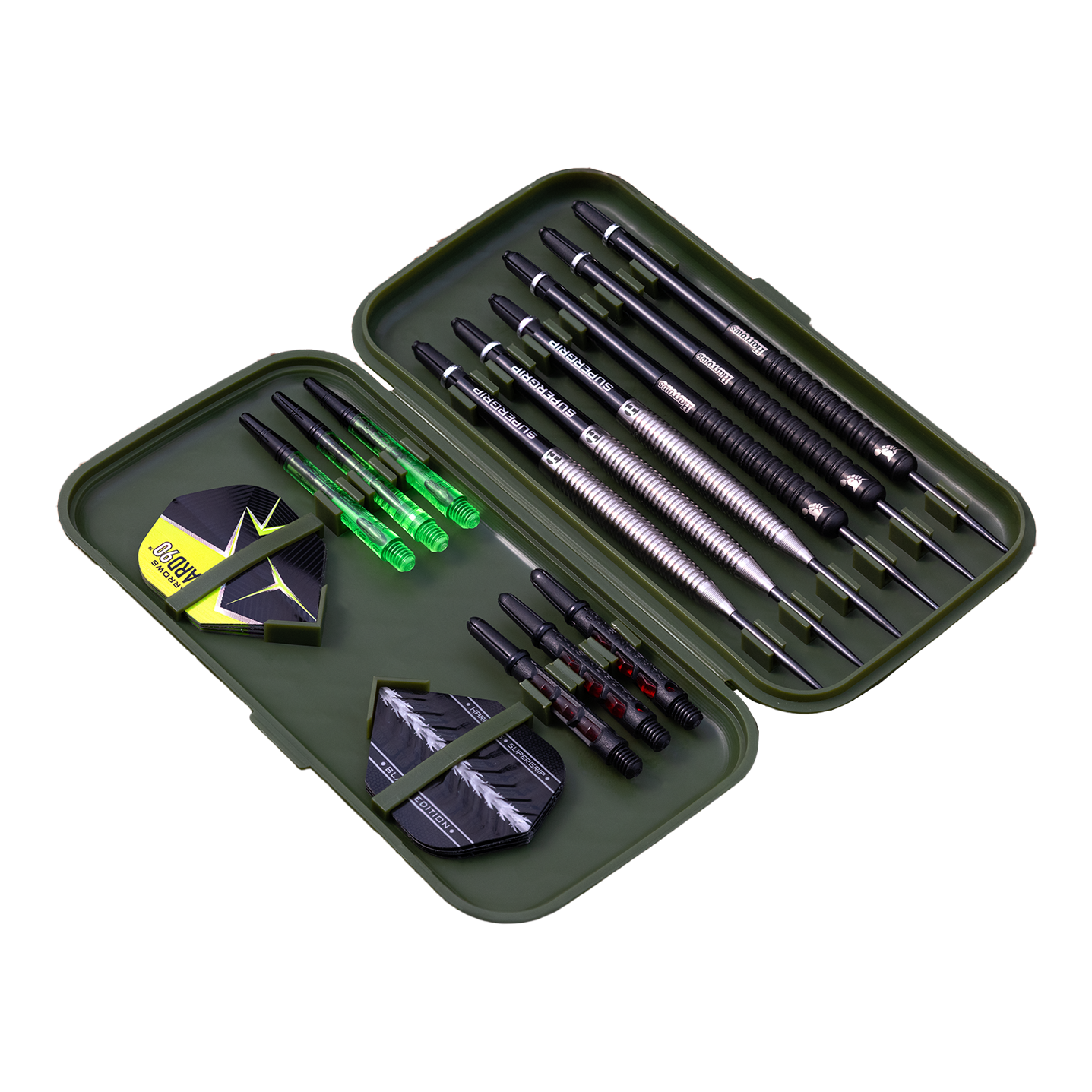 In diesem Bild ist ein offenes Dartcase mit mehreren Darts und Zubehör zu sehen. Das Etui enthält Dartpfeile, Flights und Ersatzschäfte in einer geordneten Anordnung.