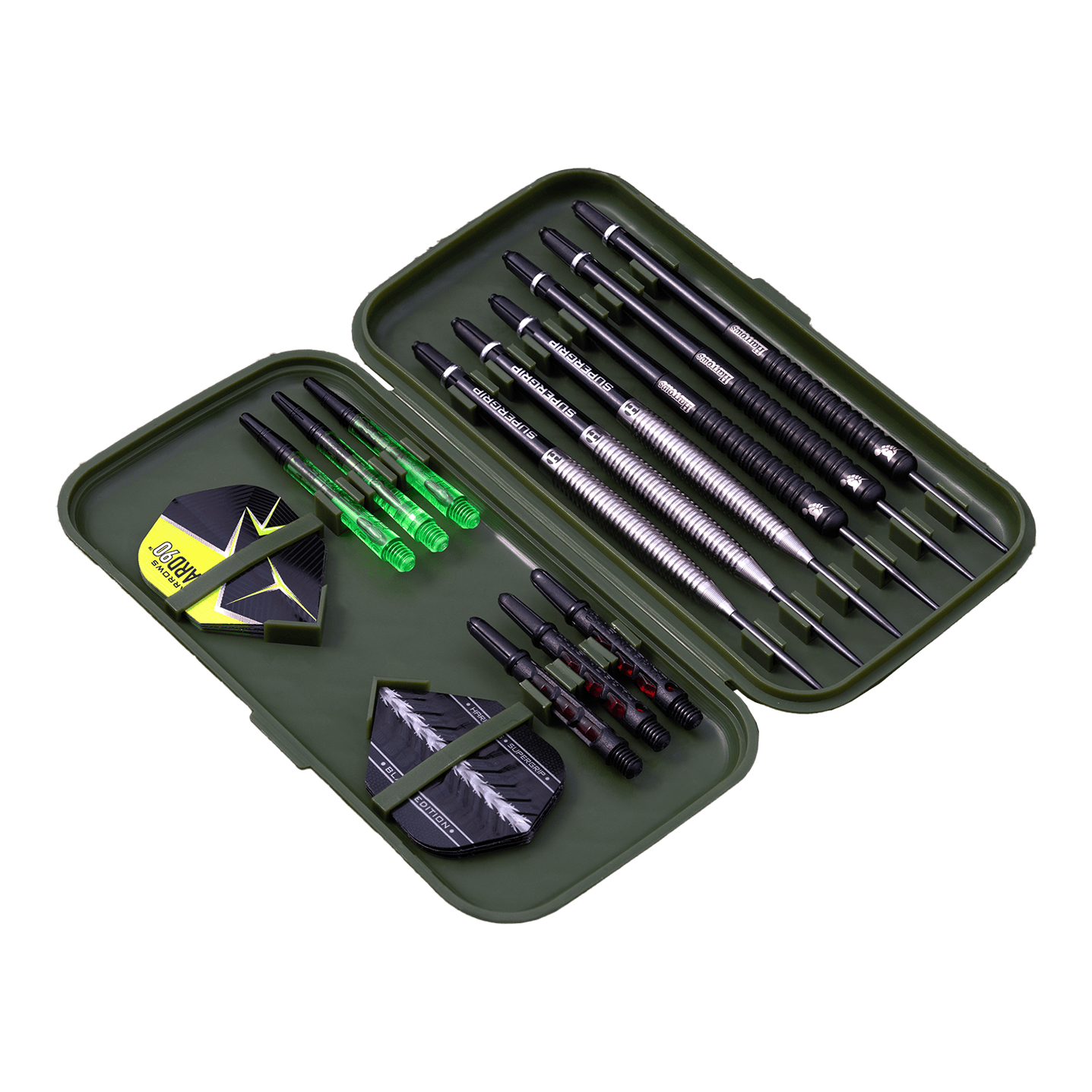 Etui na lotki Harrows Slimcase In diesem Bild ist ein offenes Dartcase mit mehreren Darts und Zubehör zu sehen. Das Etui enthält Dartpfeile, Flights und Ersatzschäfte in einer geordneten Anordnung.