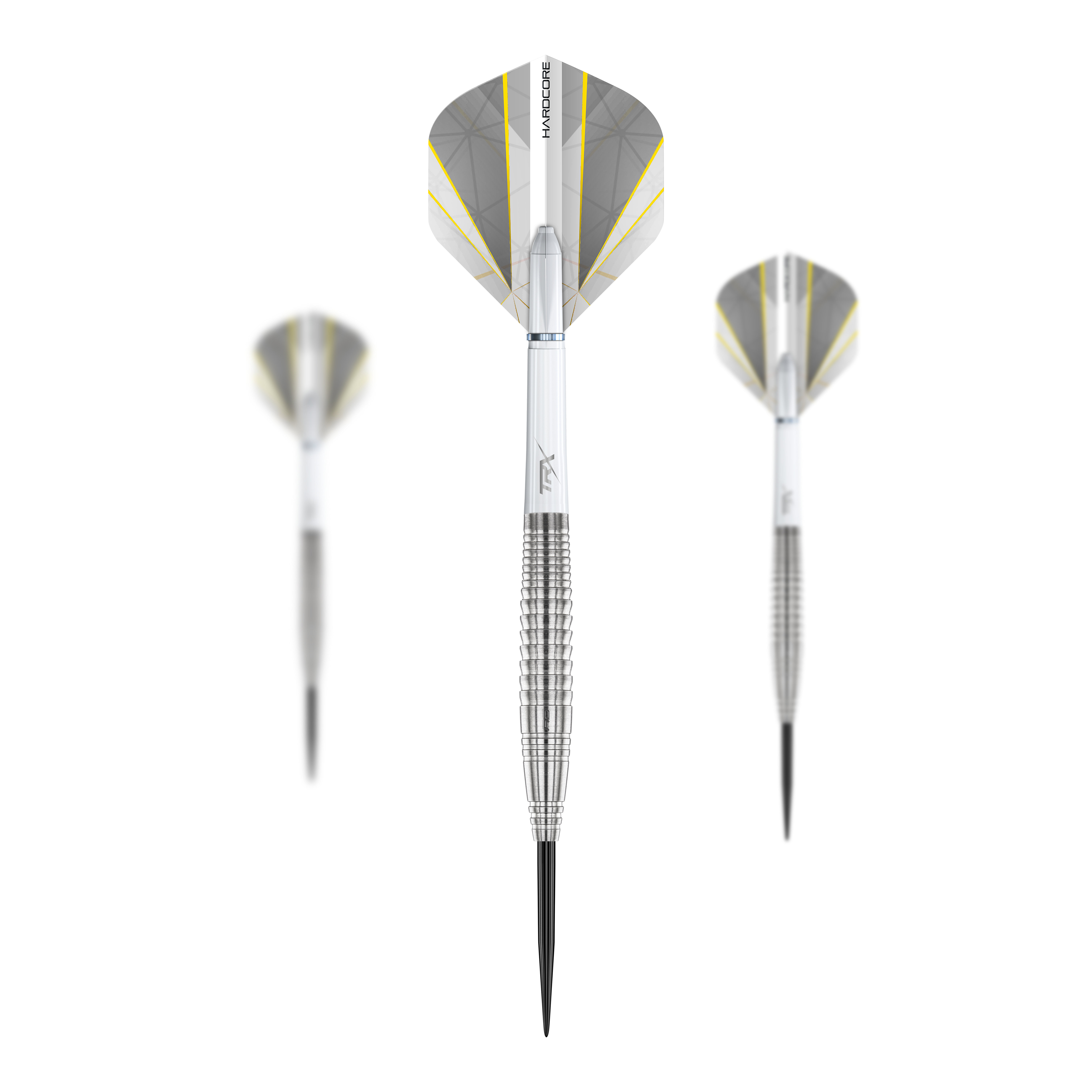 Red Dragon Seren 4 Czyste Stalowe Strzałki Das Bild zeigt drei Steeldarts des Produkts "Red Dragon Seren 4 Pure Steeldarts". Die Darts sind silberfarben mit weißen und gelben Flights.