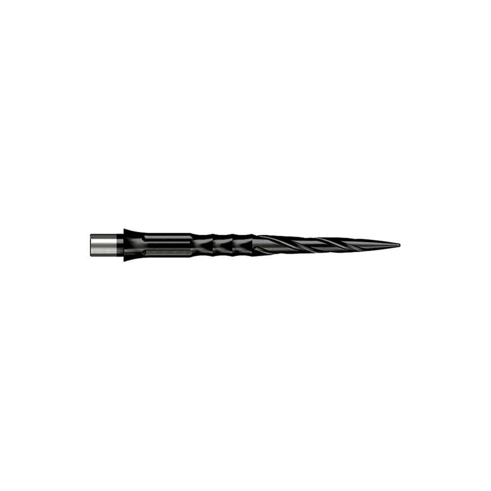 Abgebildet sind Caliburn Evo System Steeldartspitzen vom Typ Spiro NoLip in Schwarz mit 28 mm Länge. Das Produkt ist für den Einsatz in Steeldarts geeignet.