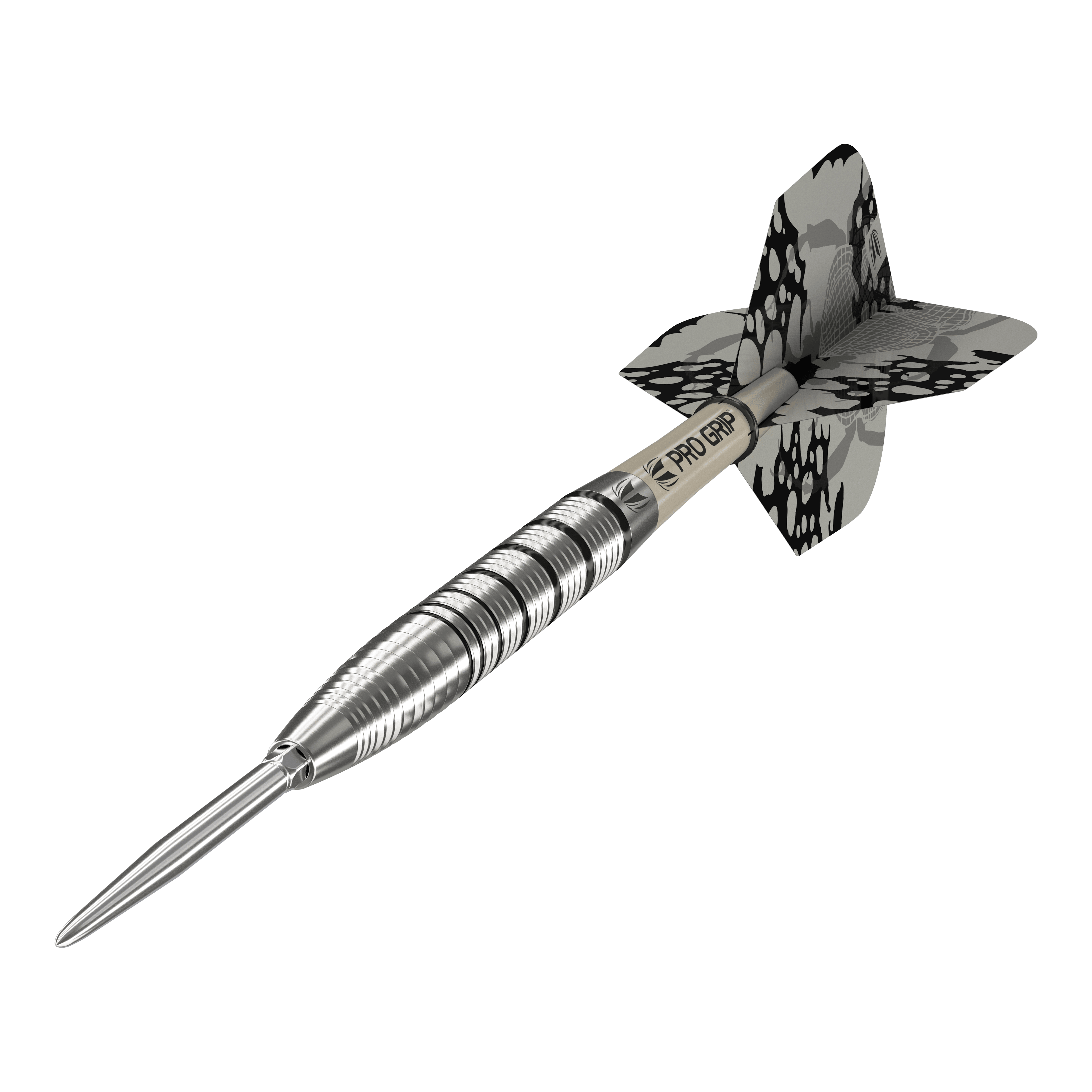 Stalowe lotki Target EXO SP02 Swiss Point Das Bild zeigt den Target EXO SP02 Swiss Point Steeldart. Der Dart hat ein silbernes Griffstück mit schwarzen Akzenten und eine schwarz-gemusterte Flight.