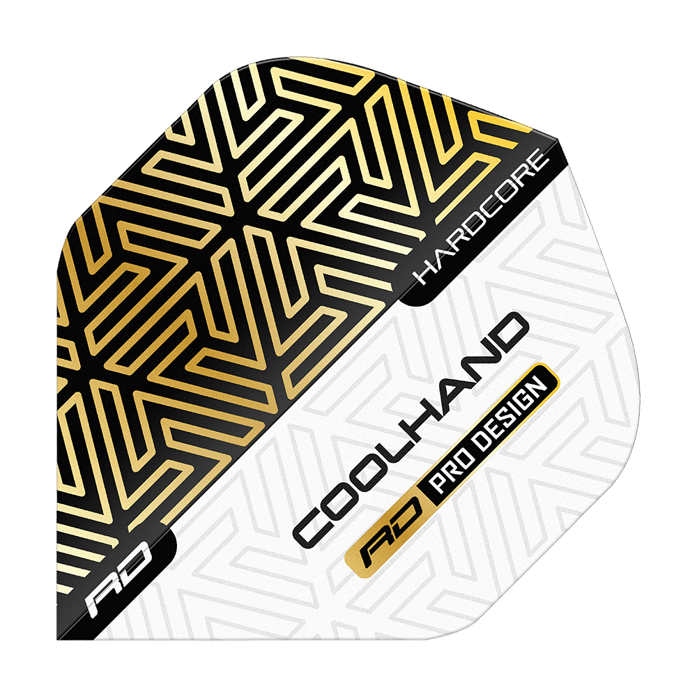 Red Dragon Hardcore Luke Humphries Gold White Premium Standard Flights Das Bild zeigt einen Dartflight mit gold-schwarzem und weißem geometrischen Muster. Auf dem Flight stehen die Worte "HARDCORE", "COOLHAND" und "RD PRO DESIGN".