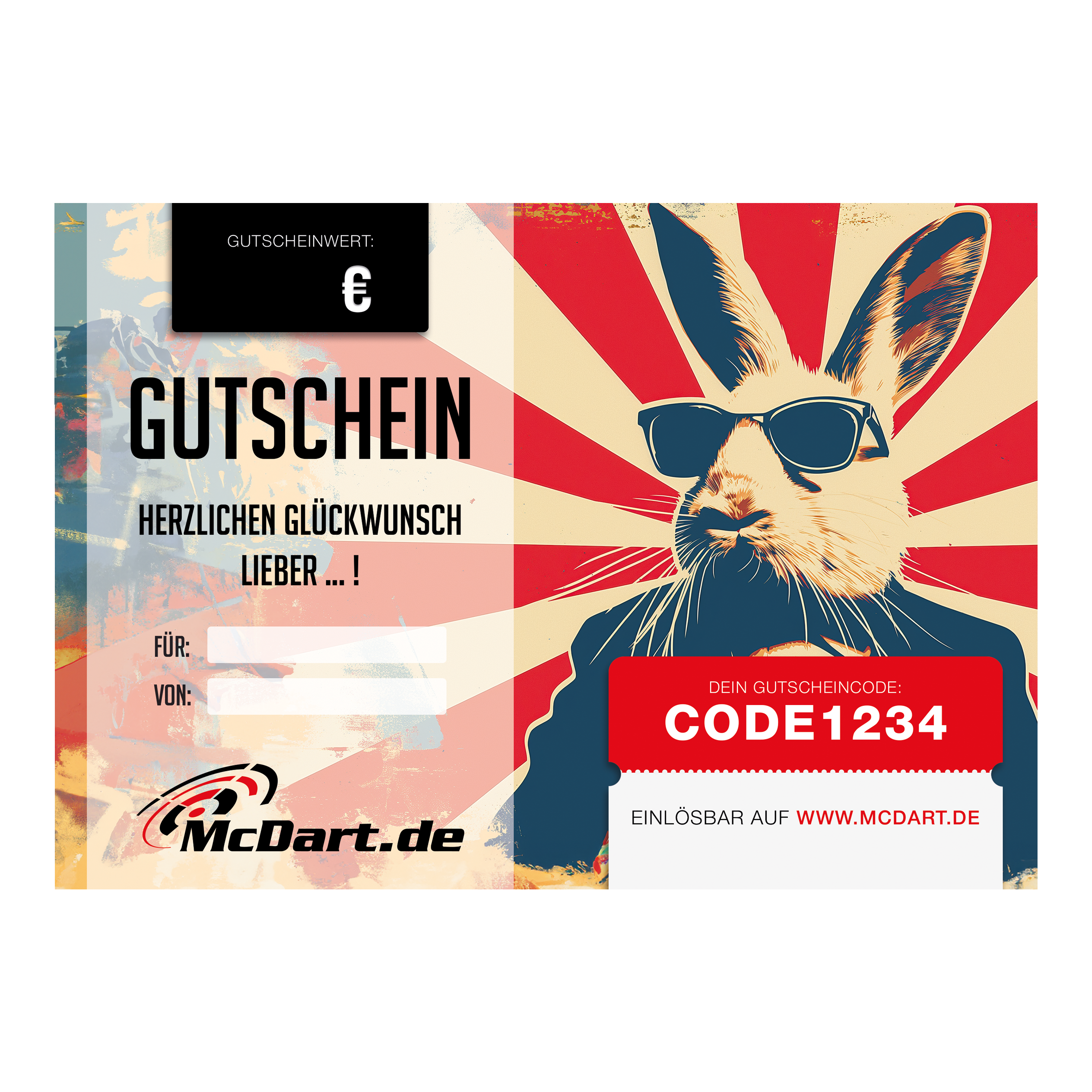 Das Bild zeigt einen Oster-Gutschein von McDart.de mit einem coolen Hasen mit Sonnenbrille. In der Mitte steht „Gutschein“ und rechts ist ein Feld für den Gutscheincode.