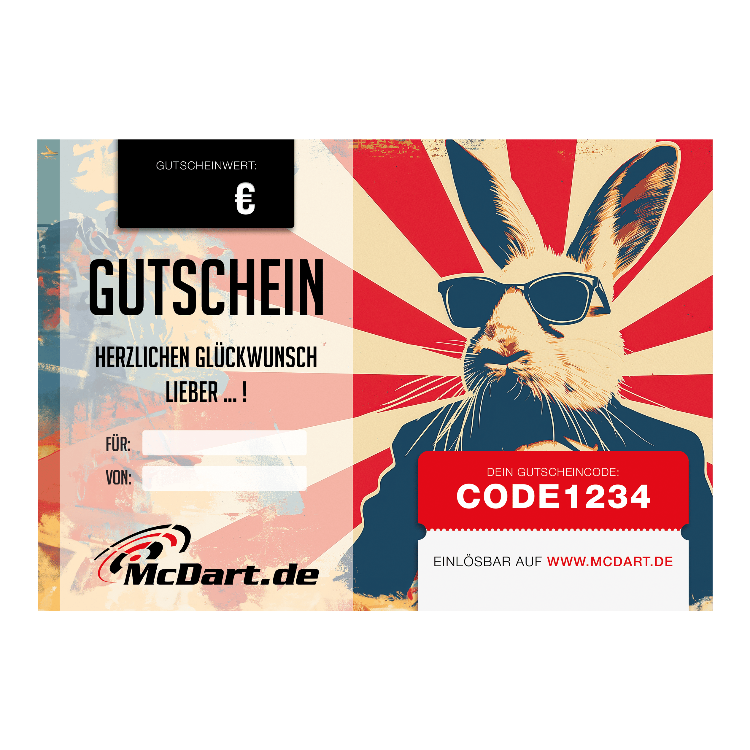 Bon wielkanocny Das Bild zeigt einen Oster-Gutschein von McDart.de mit einem coolen Hasen mit Sonnenbrille. In der Mitte steht „Gutschein“ und rechts ist ein Feld für den Gutscheincode.