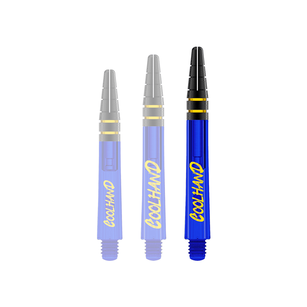 Das Bild zeigt drei blaue Dartschäfte mit der gelben Aufschrift "COOLHAND". Die Spitzen der Schäfte sind schwarz mit goldenen Ringen verziert.
