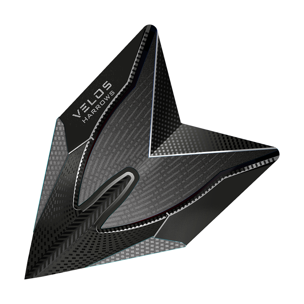 HR1014_Harrows_Smokey_2020_Velos_Flights_1 Dies ist ein Harrows Smokey Velos Flight für Darts. Das Flight hat ein modernes, schwarzes Design mit grafischen Mustern.