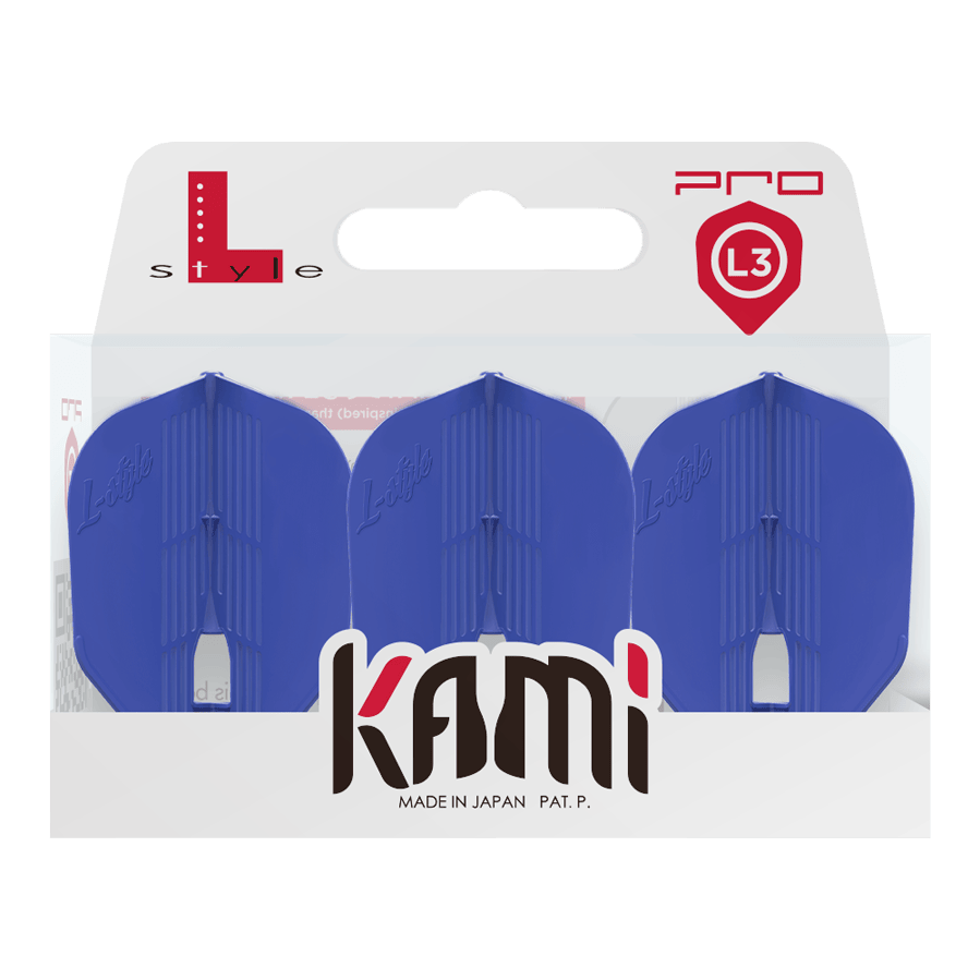 Loty KAMI L3PRO w stylu L Das Bild zeigt eine Verpackung mit drei blauen Dart-Flights der Marke L-Style. Auf der Verpackung steht "kami" und "Made in Japan".