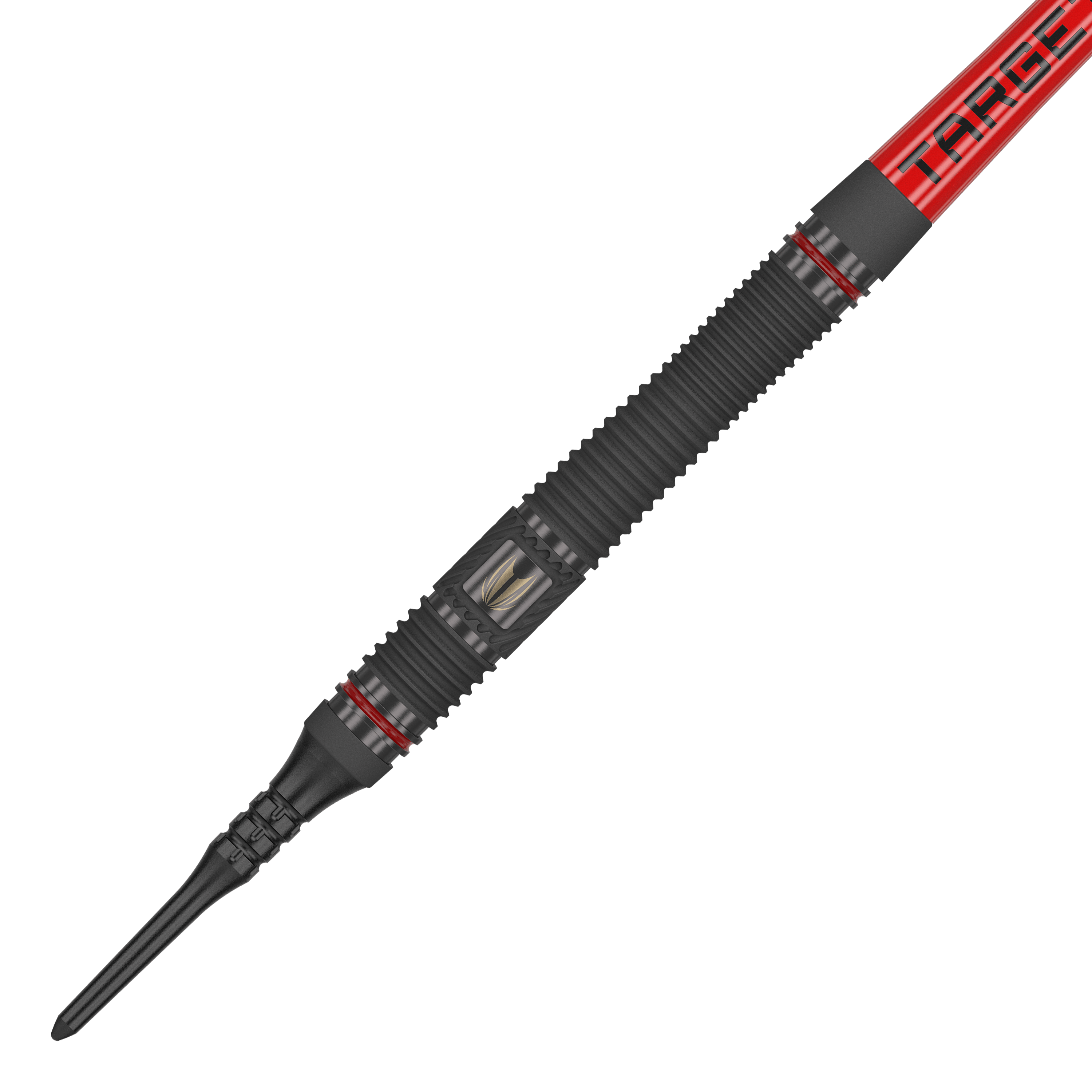 Targetownik 11 miękkich rzutek Das Bild zeigt einen Target Scope 11 Softdart. Der Dartpfeil ist überwiegend schwarz mit roten Akzenten und einer geriffelten Oberfläche für besseren Halt.
